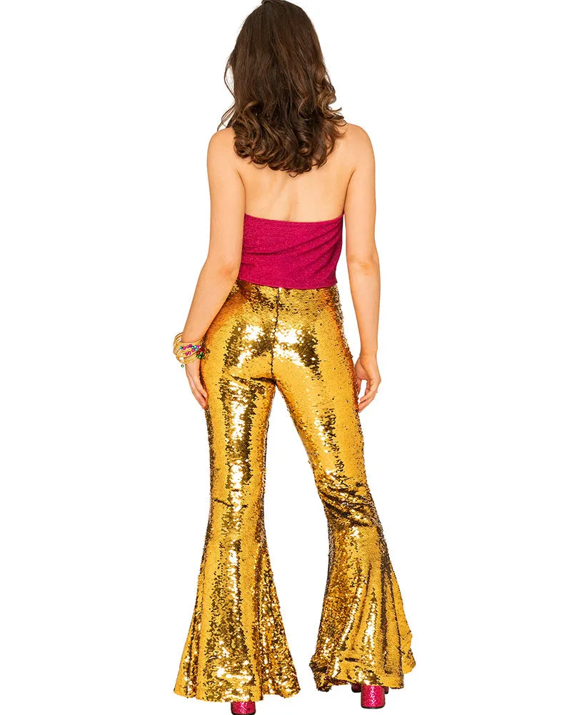 70s Disco Gold Sequin Party Womens Pants