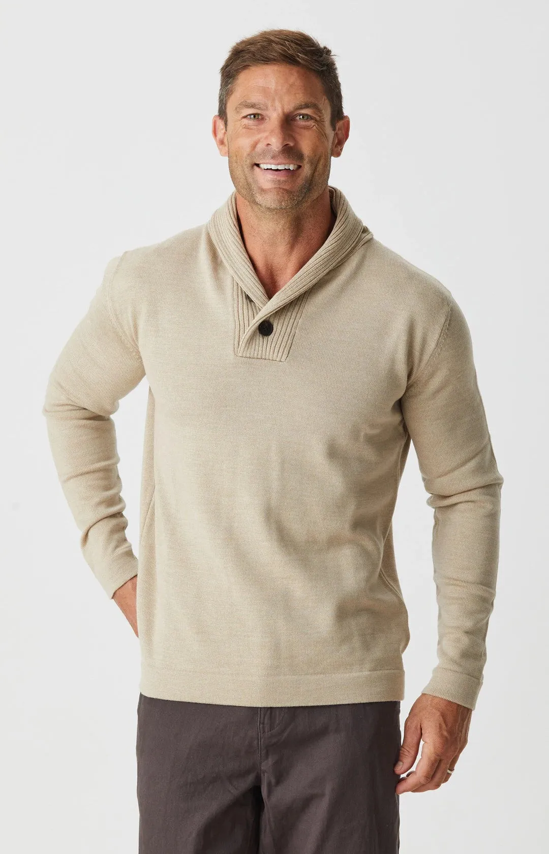 Aklanda - Shawl Collar Sweater - Marine Blue | Mushroom | Berry
