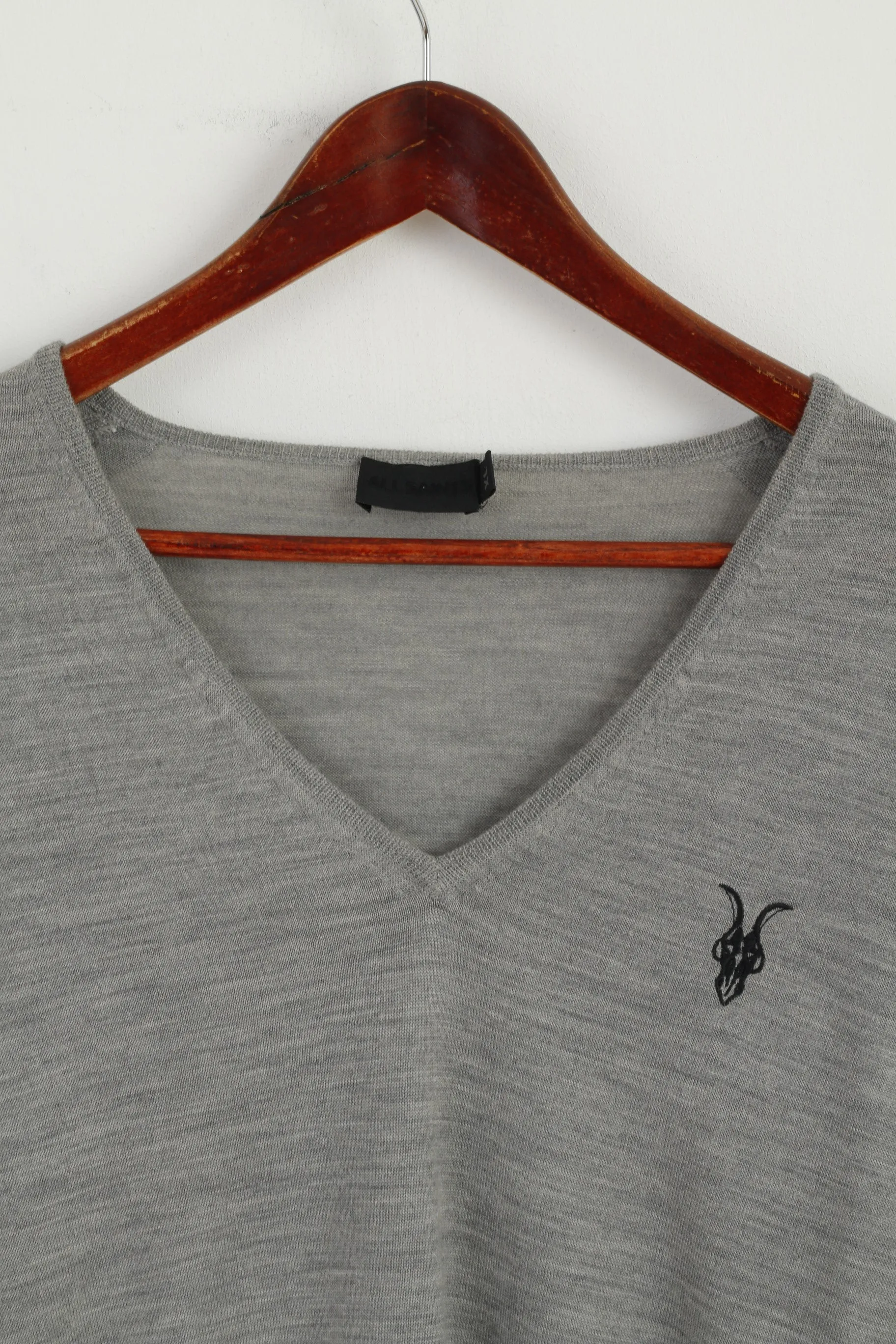 Allsaints Men XL (L) Jumper Light Grey V Neck Merino Wool Soft Light Sweater