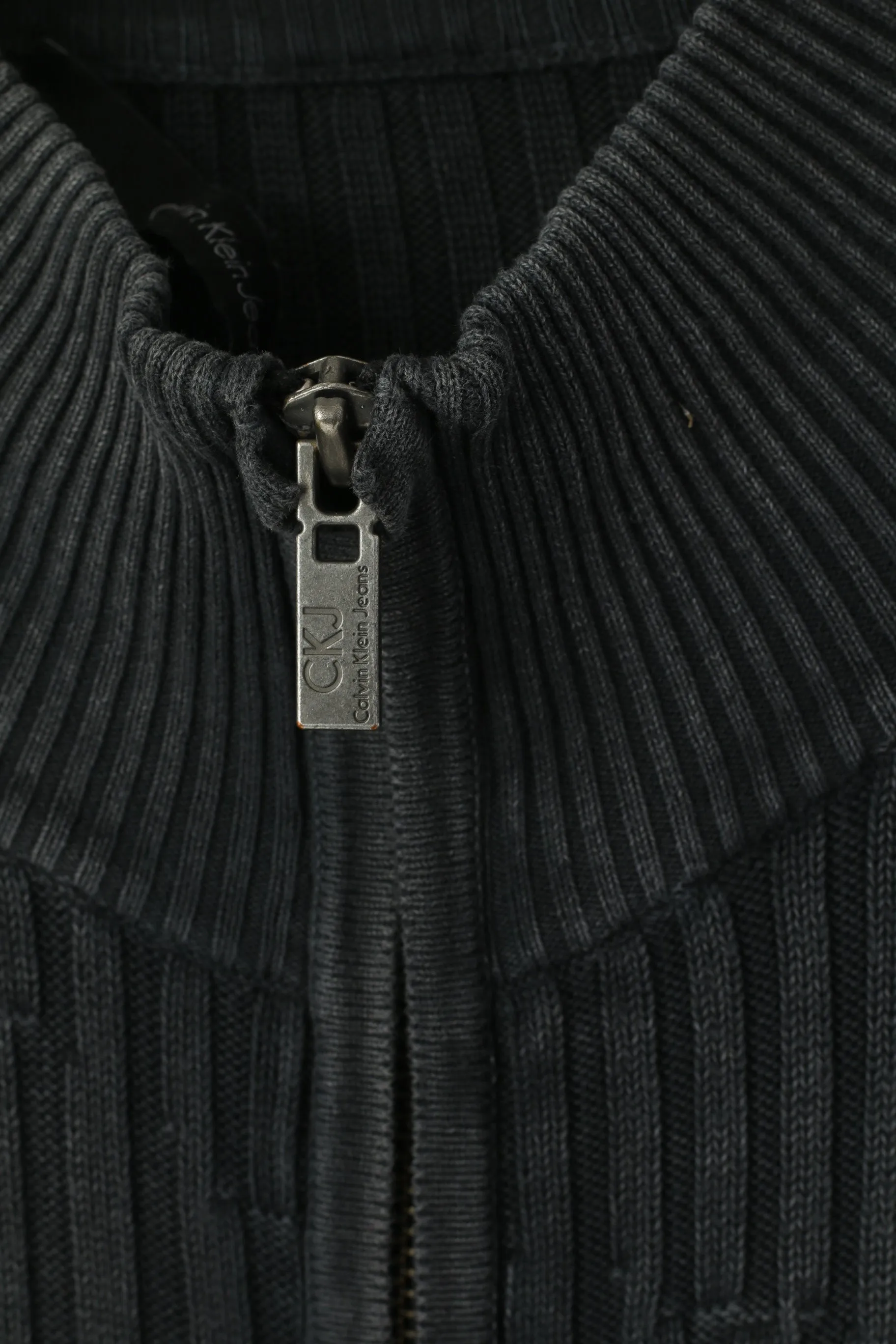Calvin Klein Jeans Men XXL (XL) Cardigan Gray Faded Vintage Cotton Zip Up Stretch Sweater