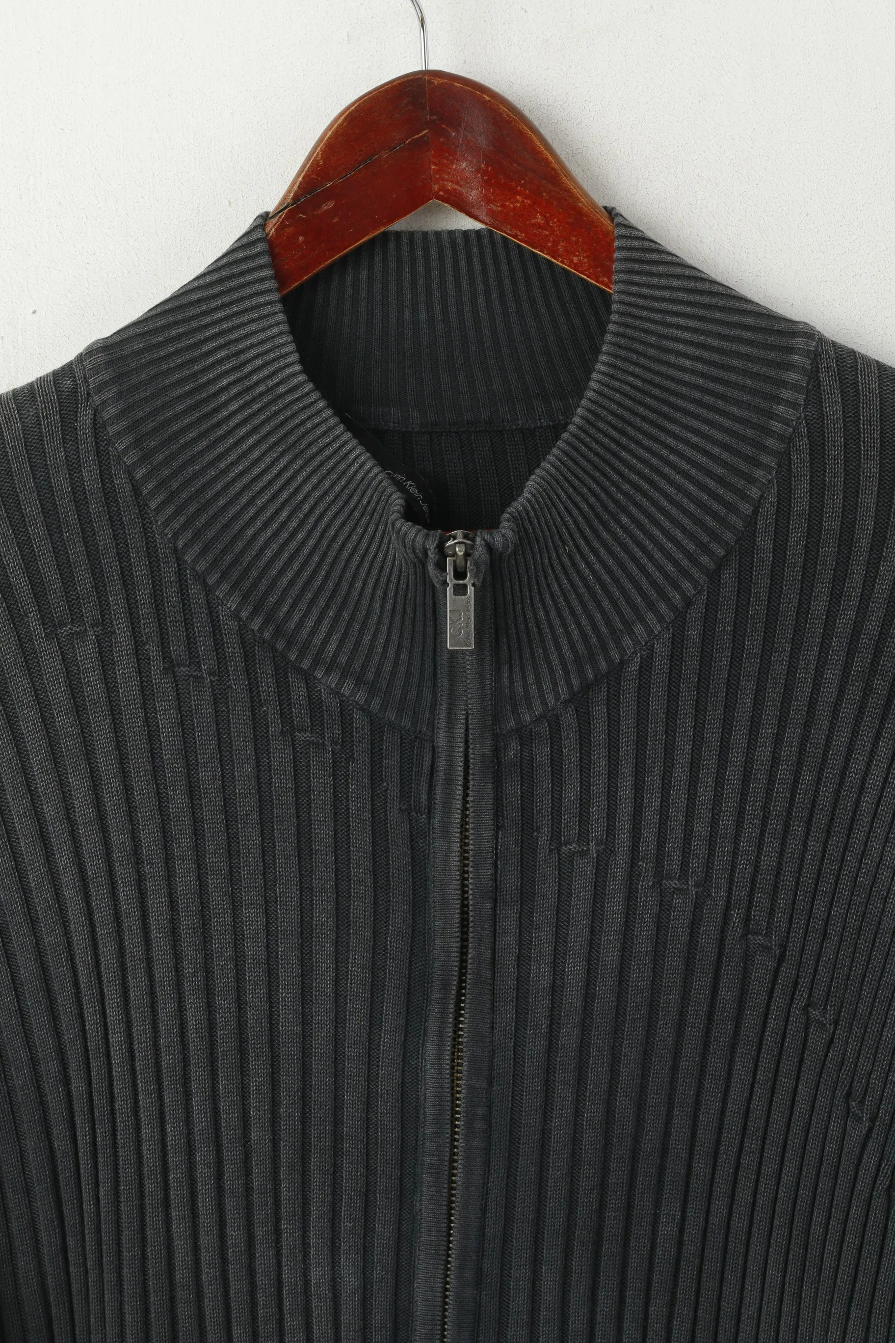 Calvin Klein Jeans Men XXL (XL) Cardigan Gray Faded Vintage Cotton Zip Up Stretch Sweater
