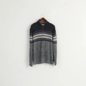 C&A Men XL Jumper Navy Cotton Zip Neck Winter Aztec Printed Sweater