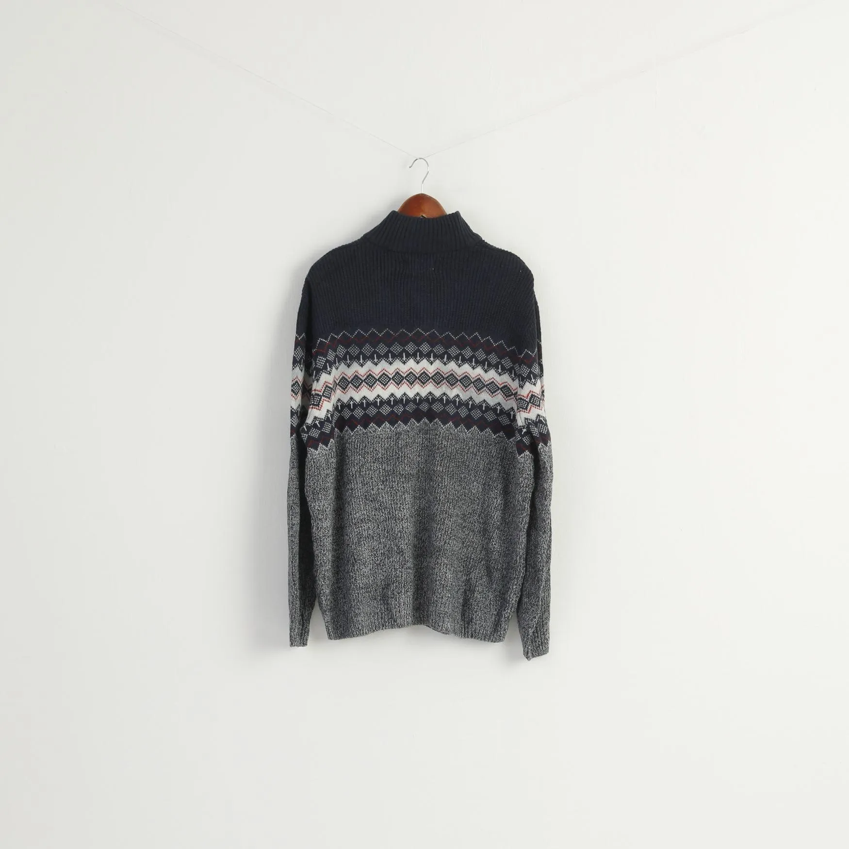 C&A Men XL Jumper Navy Cotton Zip Neck Winter Aztec Printed Sweater