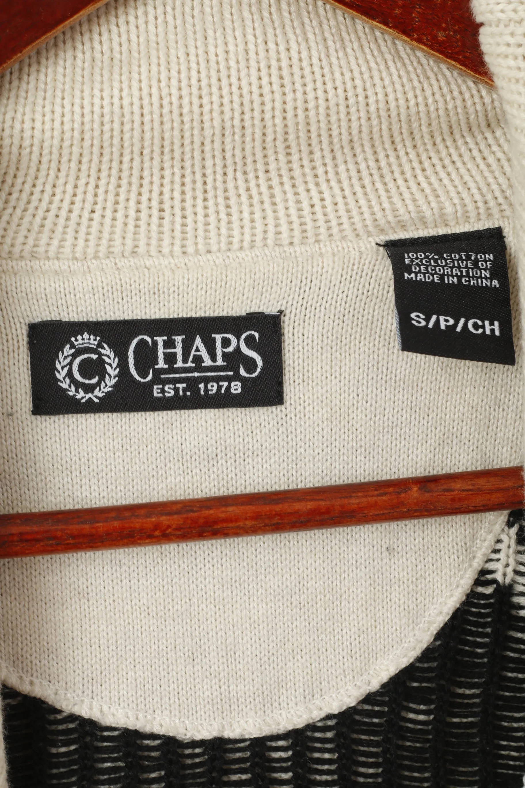 CHAPS Men S Jumper Cream Cotton Aztec Print Shawl Collar Classic Vintage Sweater