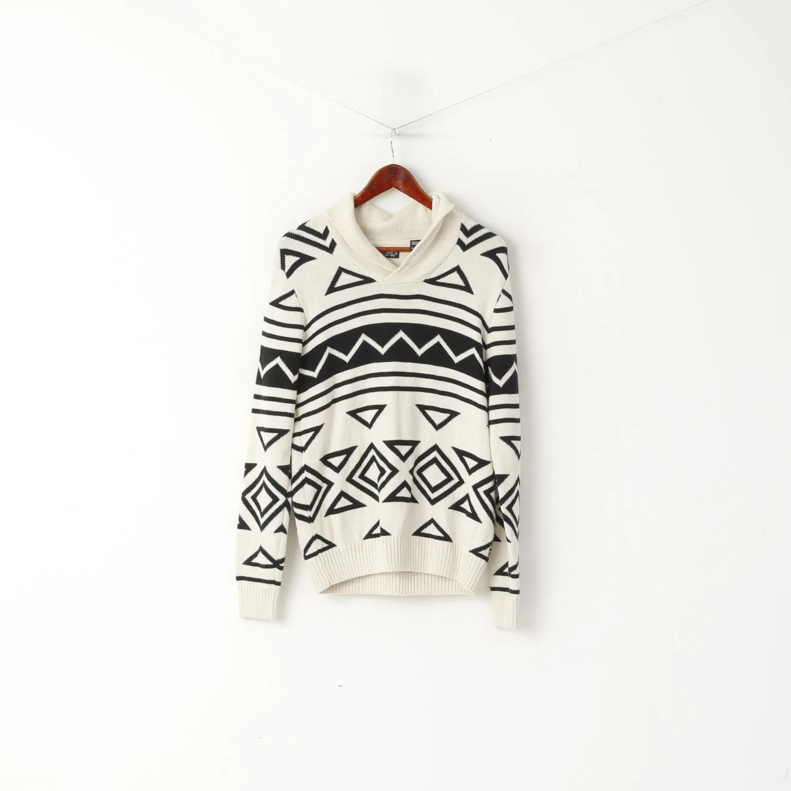 CHAPS Men S Jumper Cream Cotton Aztec Print Shawl Collar Classic Vintage Sweater