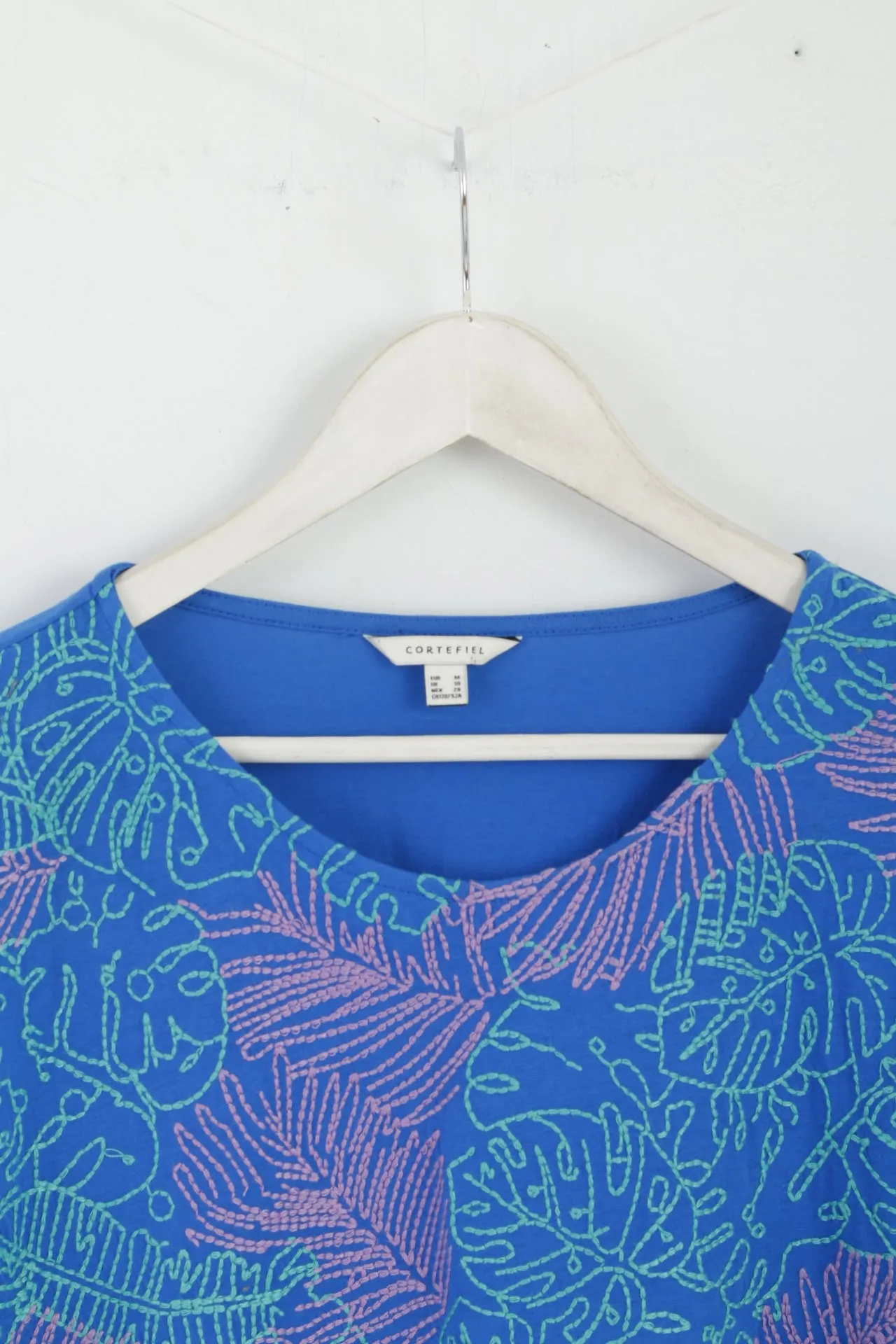 CORTEFIEL Womens M Shirt Blue Emroidered Cotton Crew Neck Top