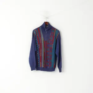 Engbers Men 52 L Jumper Blue Vintage Geometric Wool Italy Zip Neck Sweater