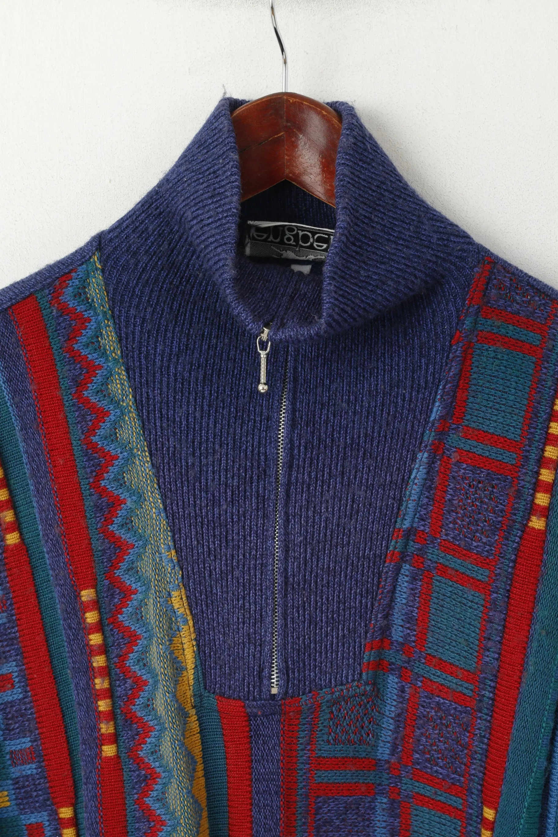 Engbers Men 52 L Jumper Blue Vintage Geometric Wool Italy Zip Neck Sweater