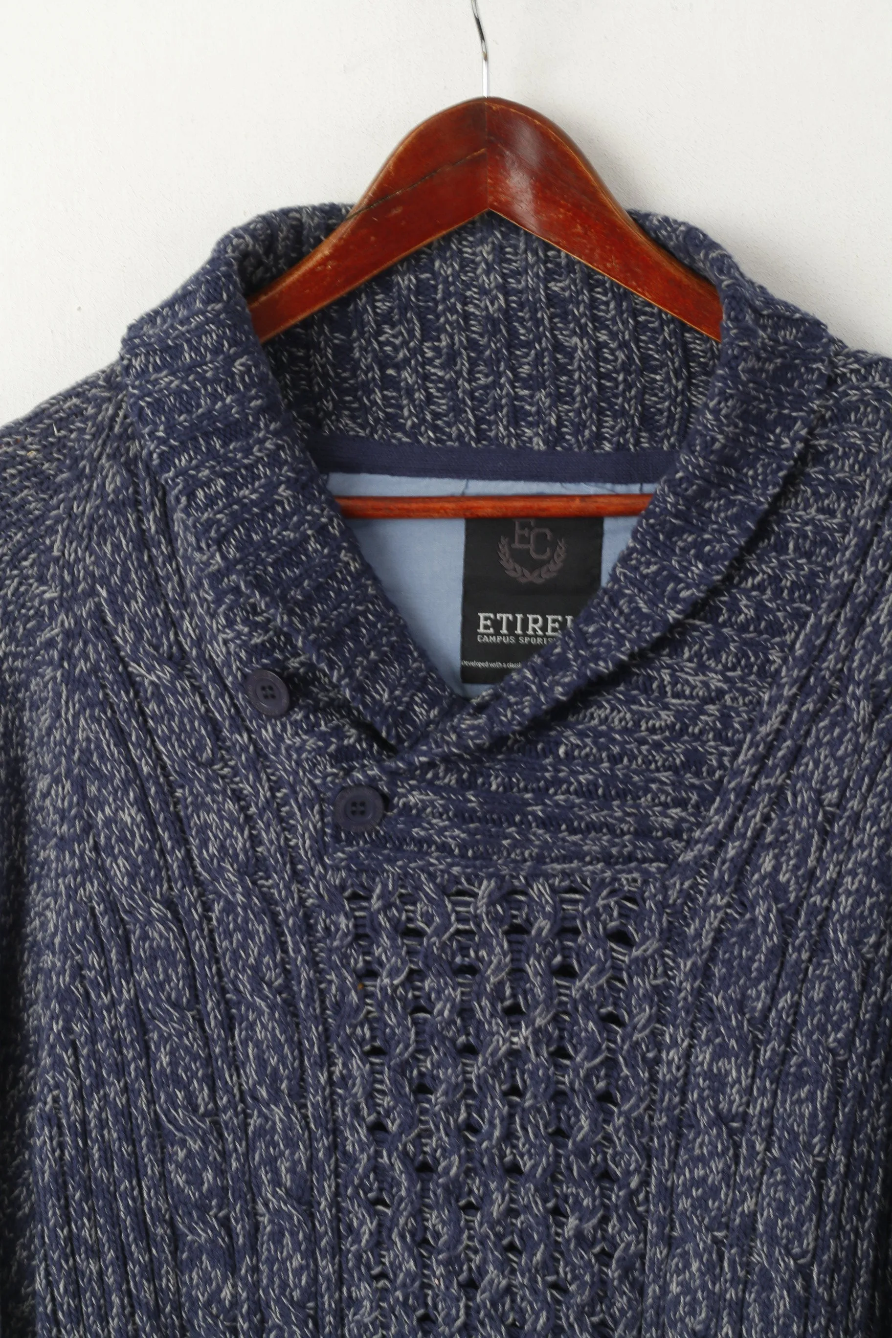 ETIREL Campus Sportswear Men L Jumper Navy Knit Cotton Shawl Collar Sweater