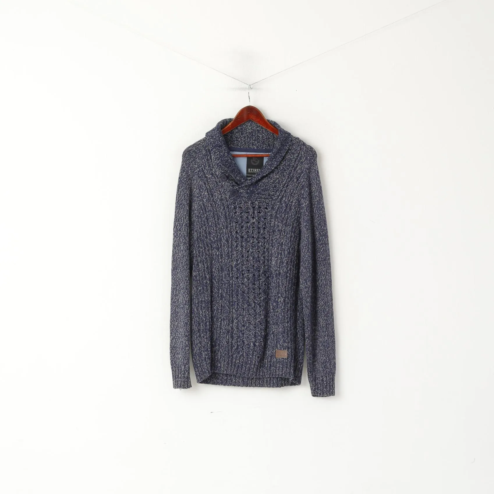ETIREL Campus Sportswear Men L Jumper Navy Knit Cotton Shawl Collar Sweater