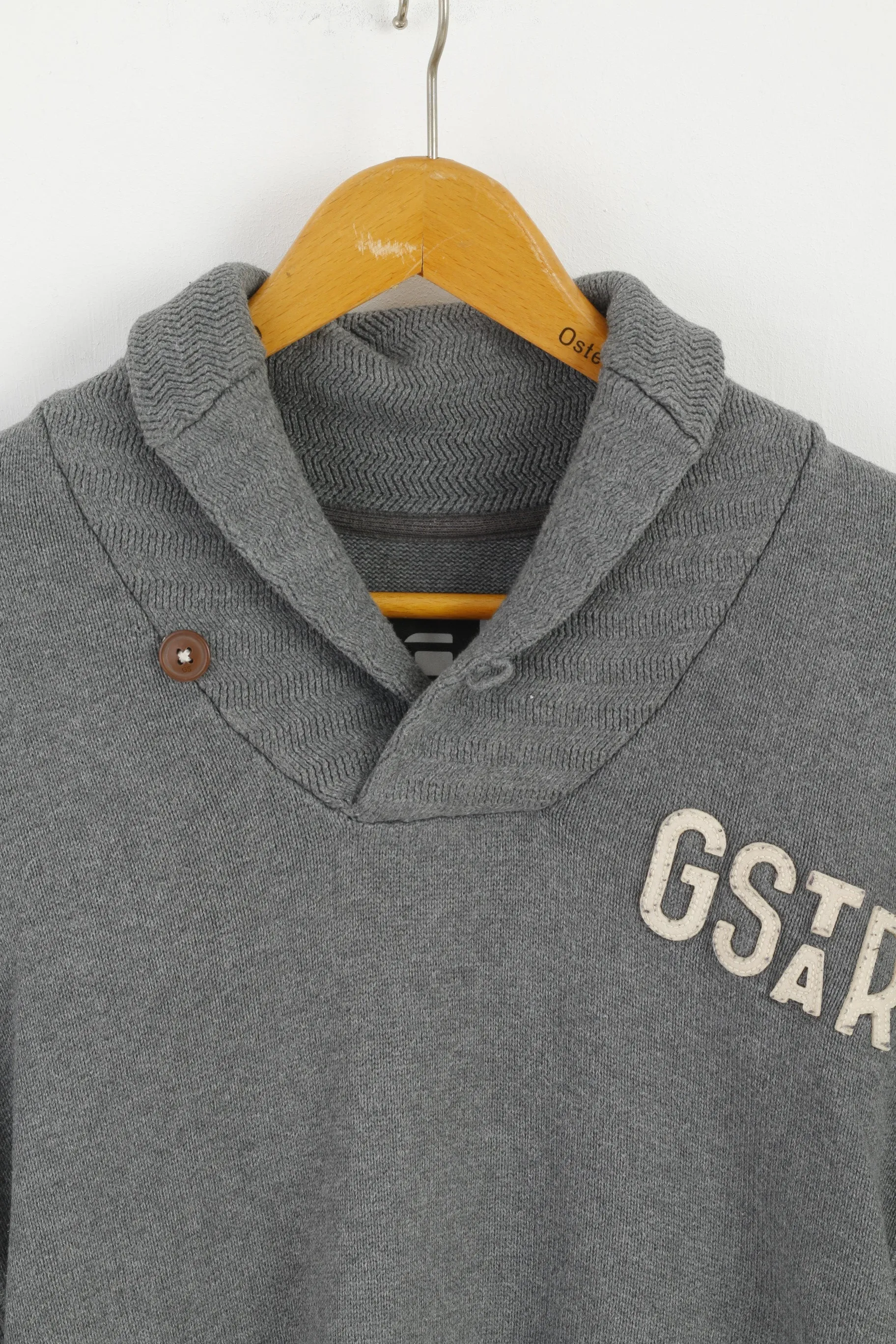 G-Star Raw Mens XL (L) Jumper Grey Cotton Sterling Shawl Coll Knit Sweater