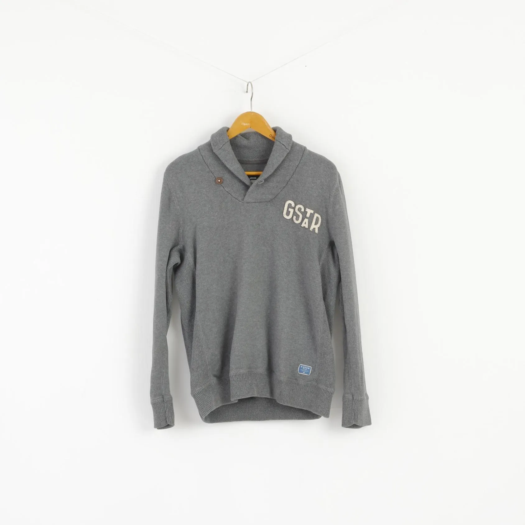 G-Star Raw Mens XL (L) Jumper Grey Cotton Sterling Shawl Coll Knit Sweater