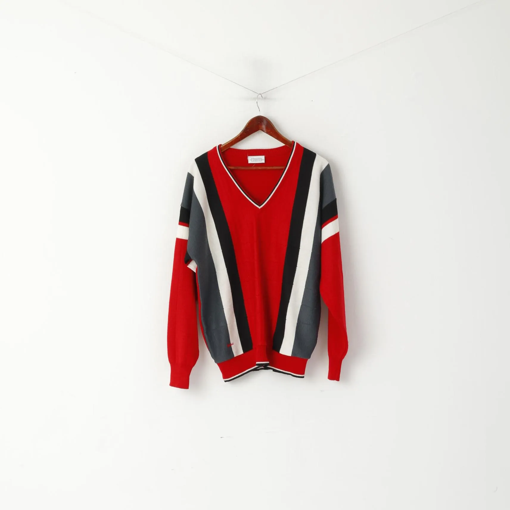 Gabicci Men XL Jumper Red Vintage Wool V Neck Striped Retro Sweater