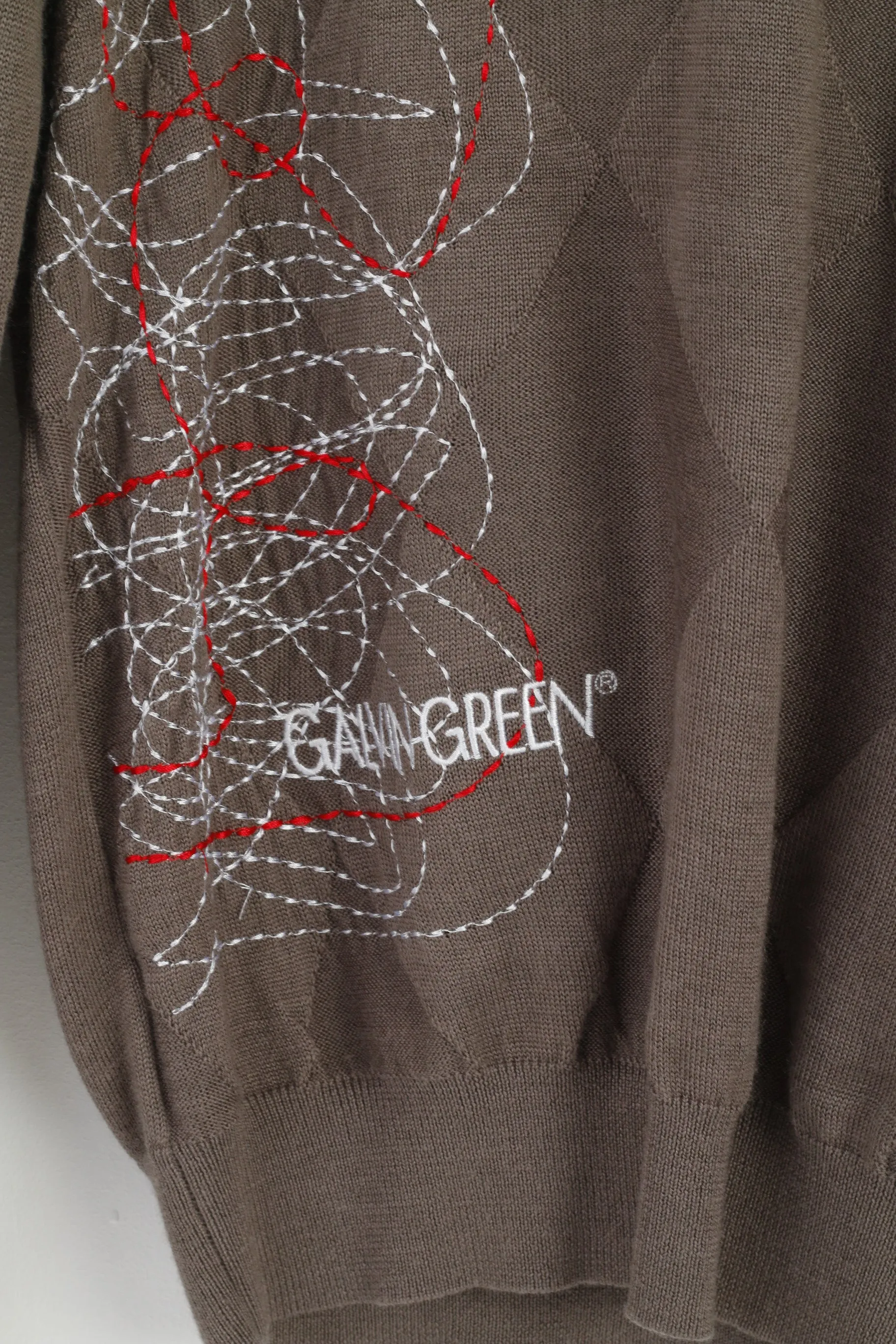 Galvin Green Men M Jumper Golf Brown V Neck Wool Emroidered Light Sweater