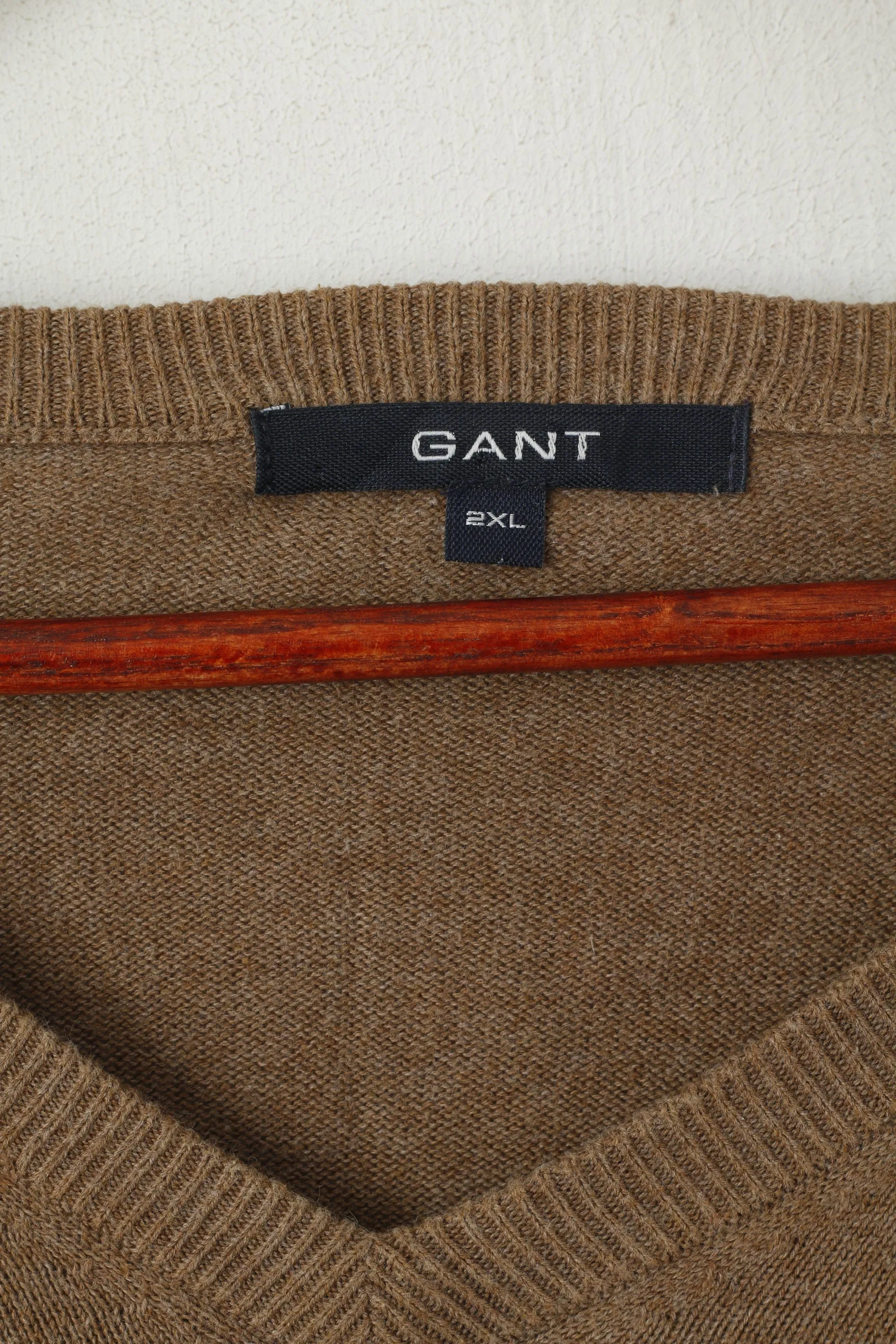 Gant Men XXL Jumper Brown 100% Cotton Logo V Neck Plain Soft Sweater