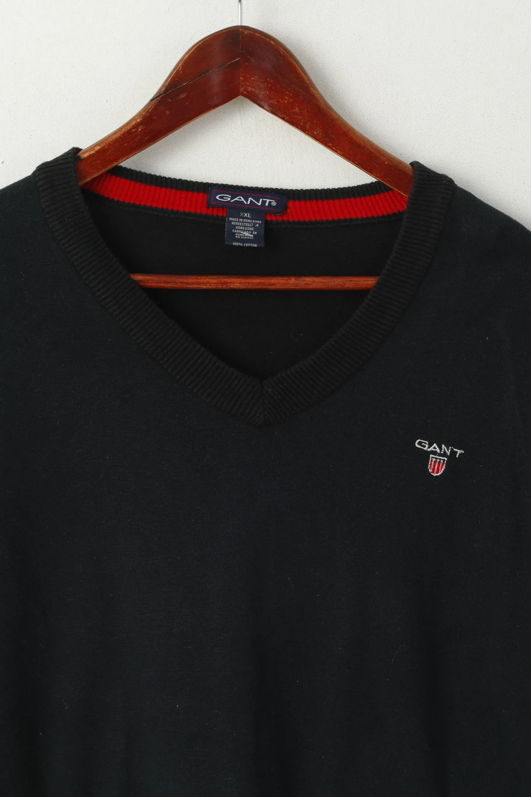 Gant Mens 2XL (L) Jumper Black 100% Cotton Light V Neck Sweater