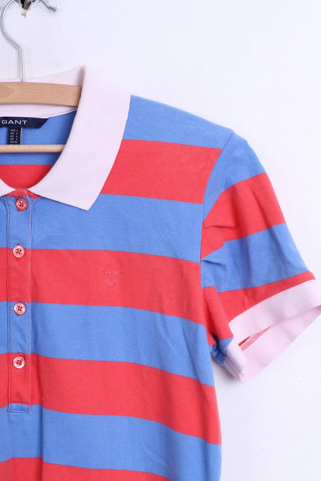 GANT Womens L Polo Shirt Striped Blue Cotton Fitt Top