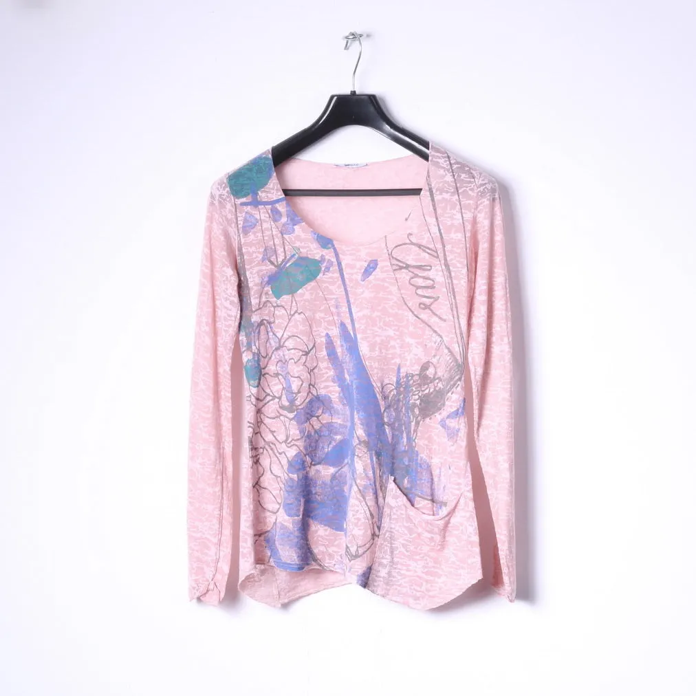GAS Womens S Long Sleeved Shirt Pink Cotton thin Material Graphic Stretch Top
