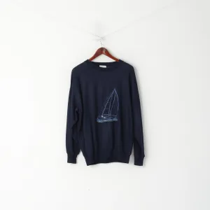 Greenwoods Active Men M Jumper Navy Acrylic Emroidered Crew Neck Sailing Sweater