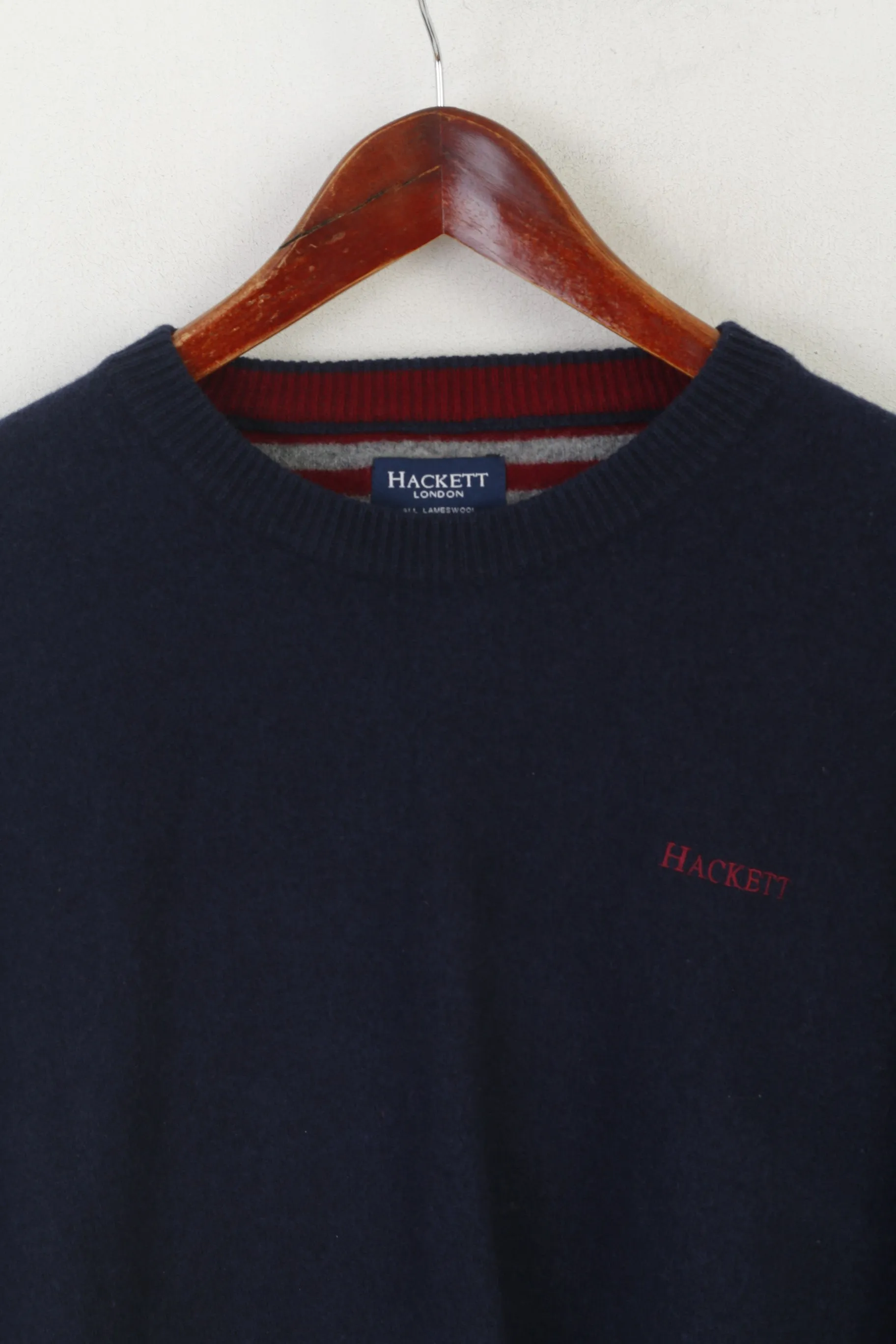Hackett London Men XXL (XL) Jumper Navy Lambswool Soft Crew Neck Classic Sweater
