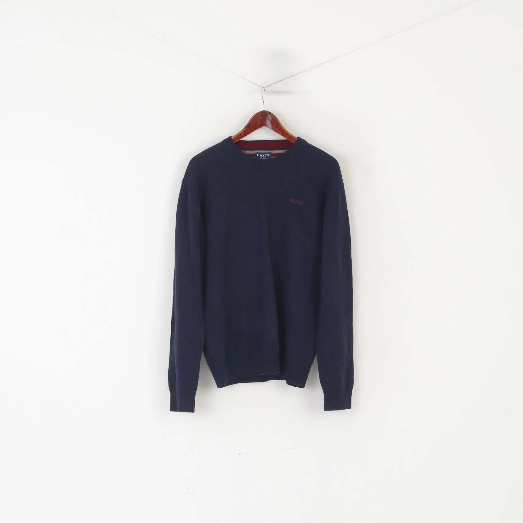 Hackett London Men XXL (XL) Jumper Navy Lambswool Soft Crew Neck Classic Sweater
