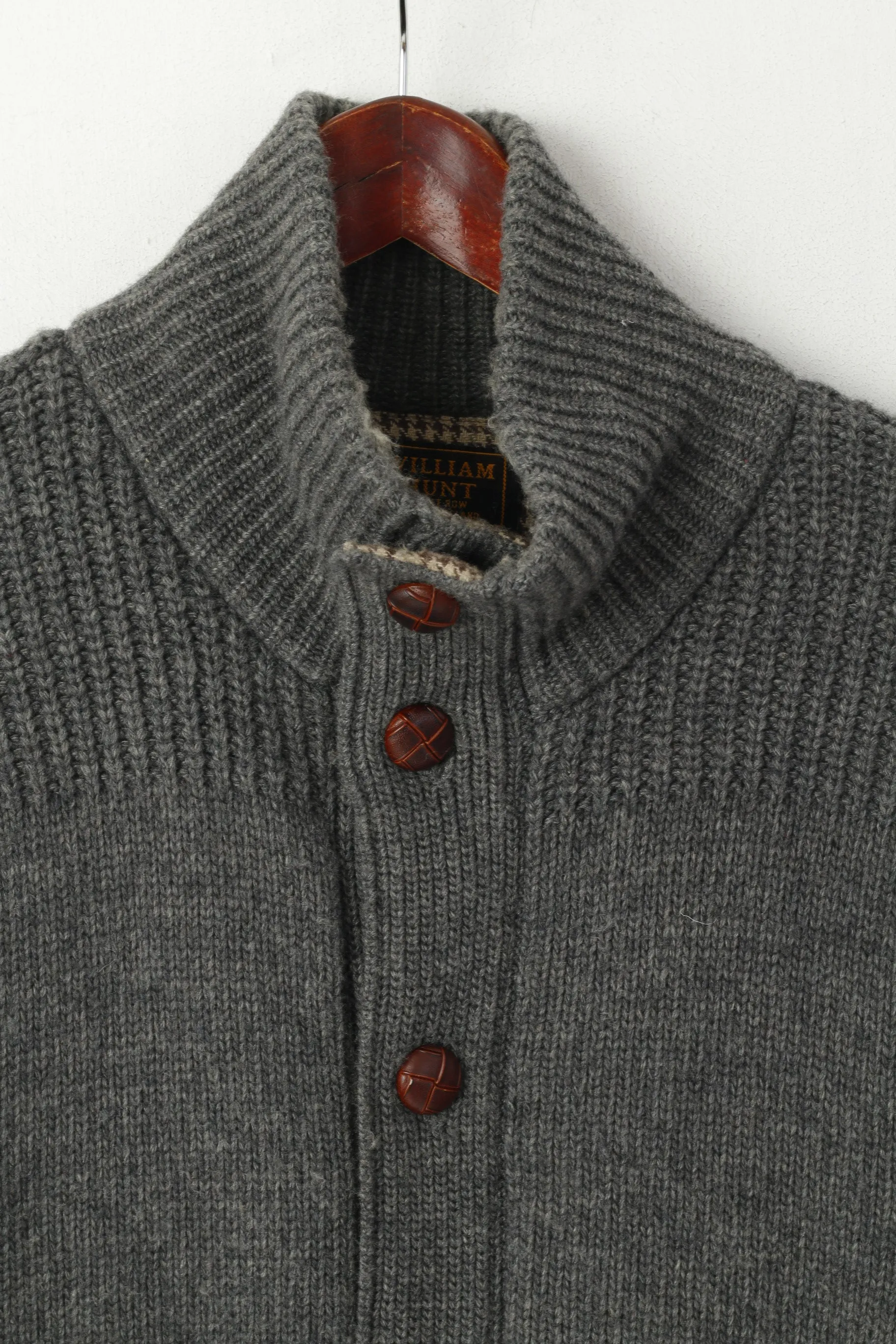 Harris Tweed by William Hunt Men L (M) Cardigan Grey Wool Elbow Patch Knit Sweater