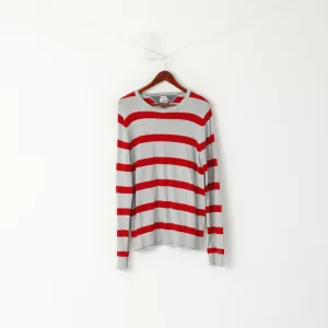 Hilfiger Denim Men L (M) Jumper Grey Red Cotton Striped Crew Neck Sweater