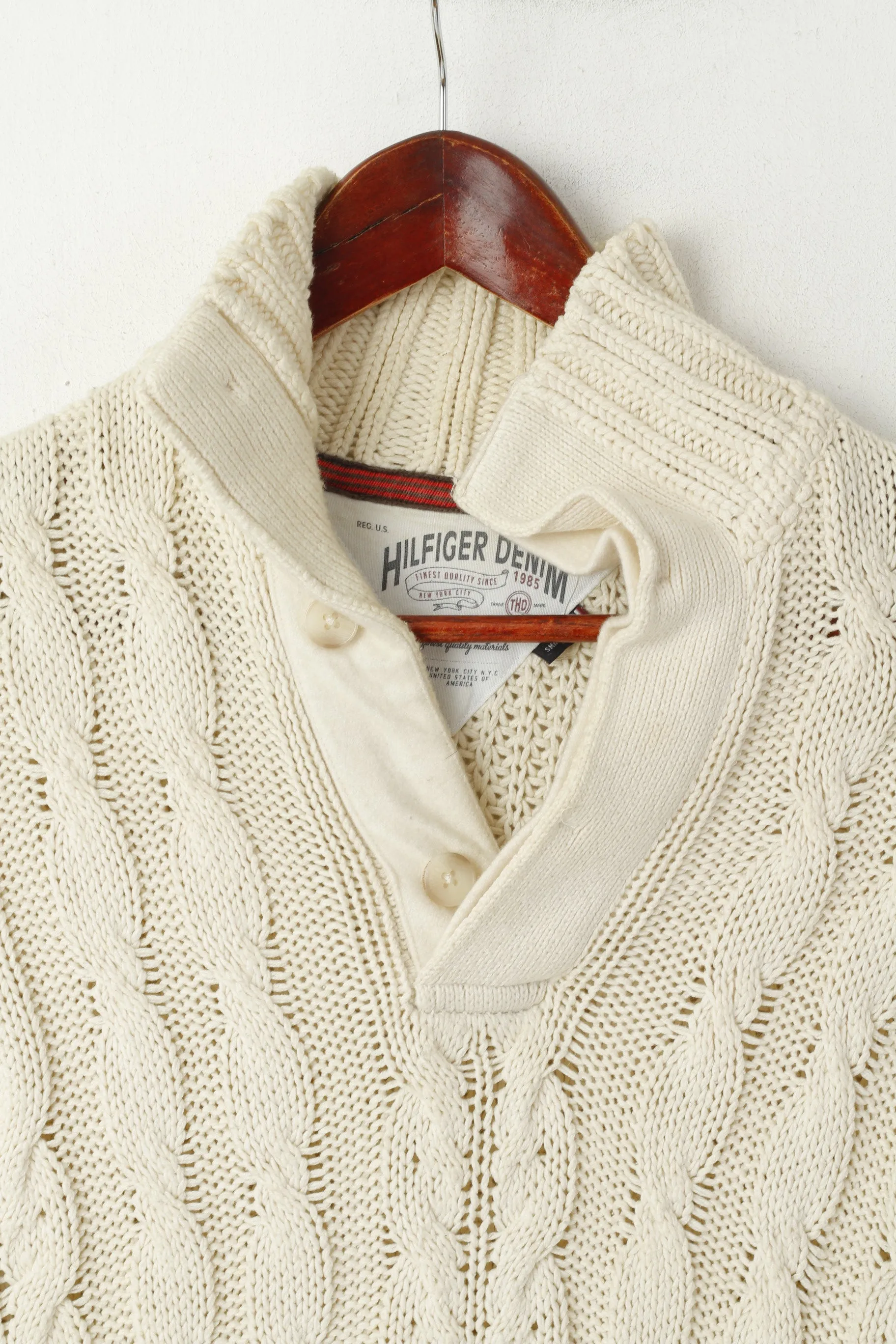 Hilfiger Denim Men S Jumper Cream Cable Knit Cotton Classic Plain Sweater