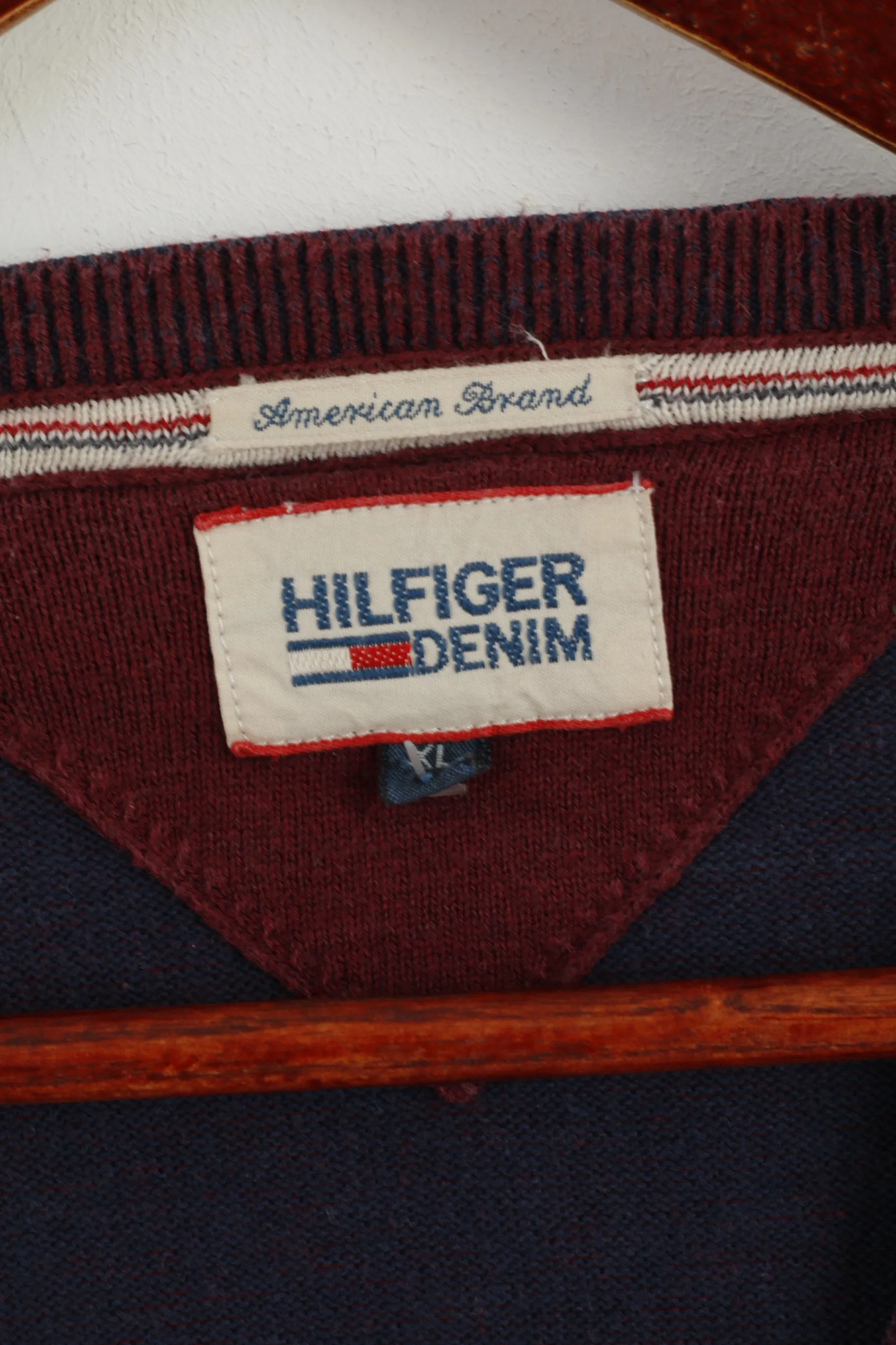 Hilfiger Denim Men XL (L) Jumper Maroon V Neck Cotton Tommy Classic Sweater