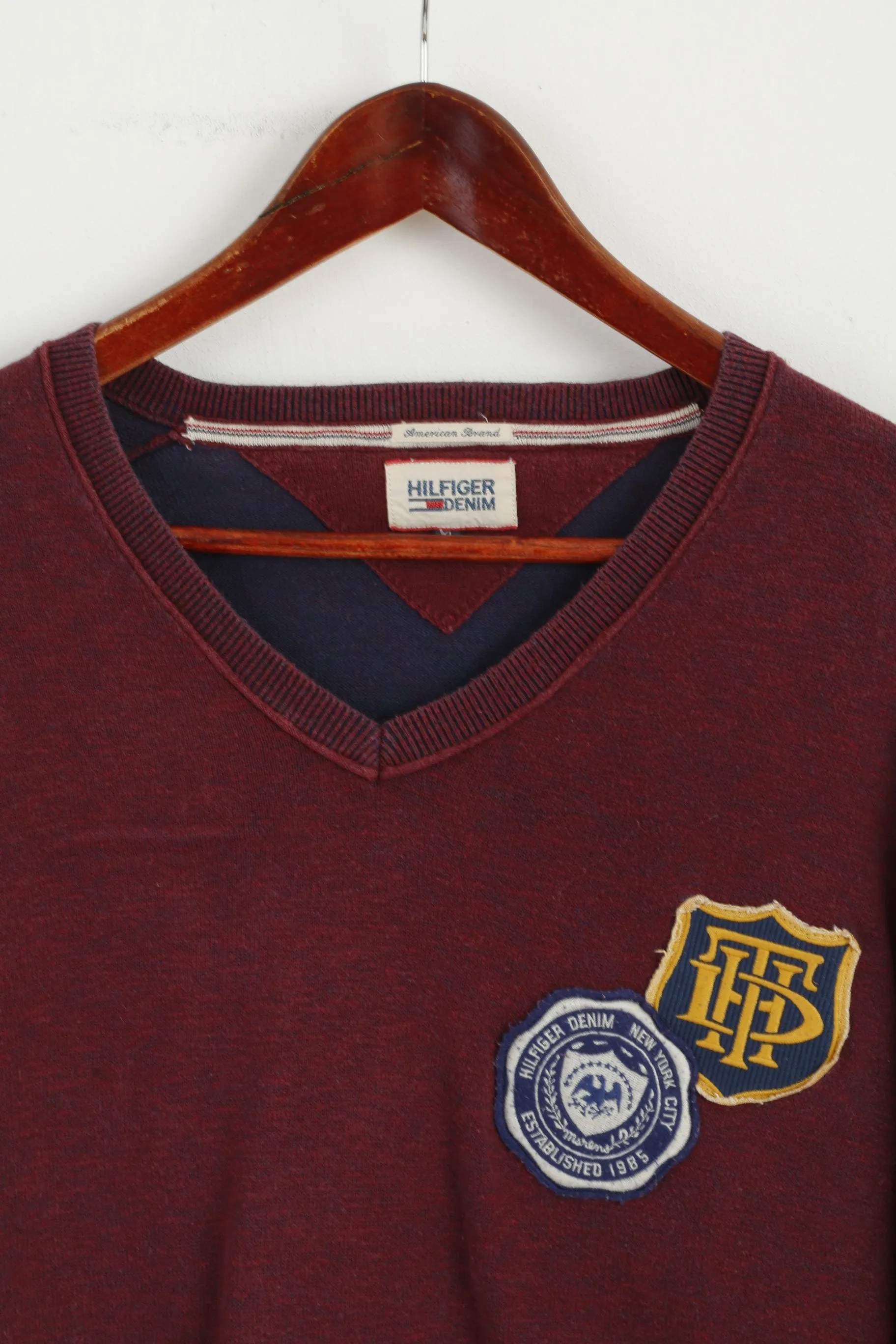 Hilfiger Denim Men XL (L) Jumper Maroon V Neck Cotton Tommy Classic Sweater