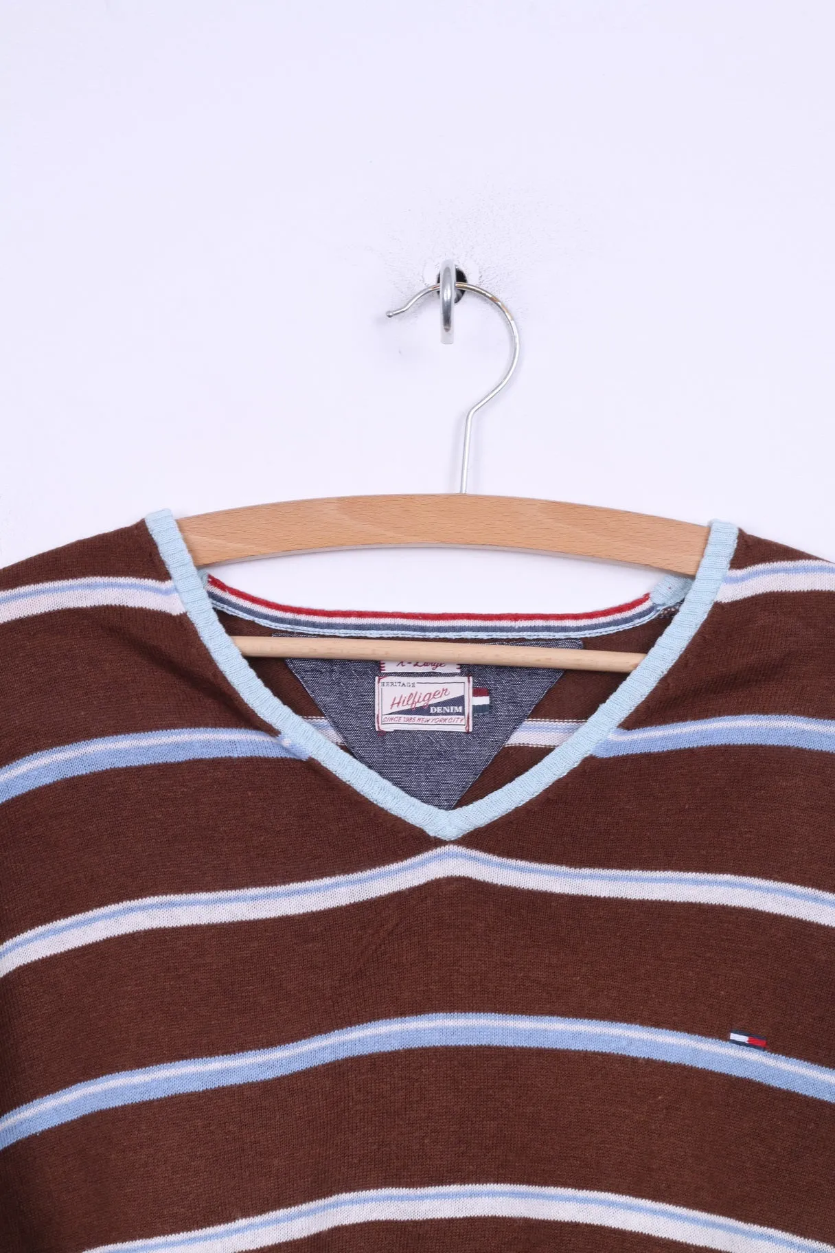 Hilfiger Denim Mens XL (L) Jumper Brown Striped V Neck Linen Cotton Blend Light Sweater