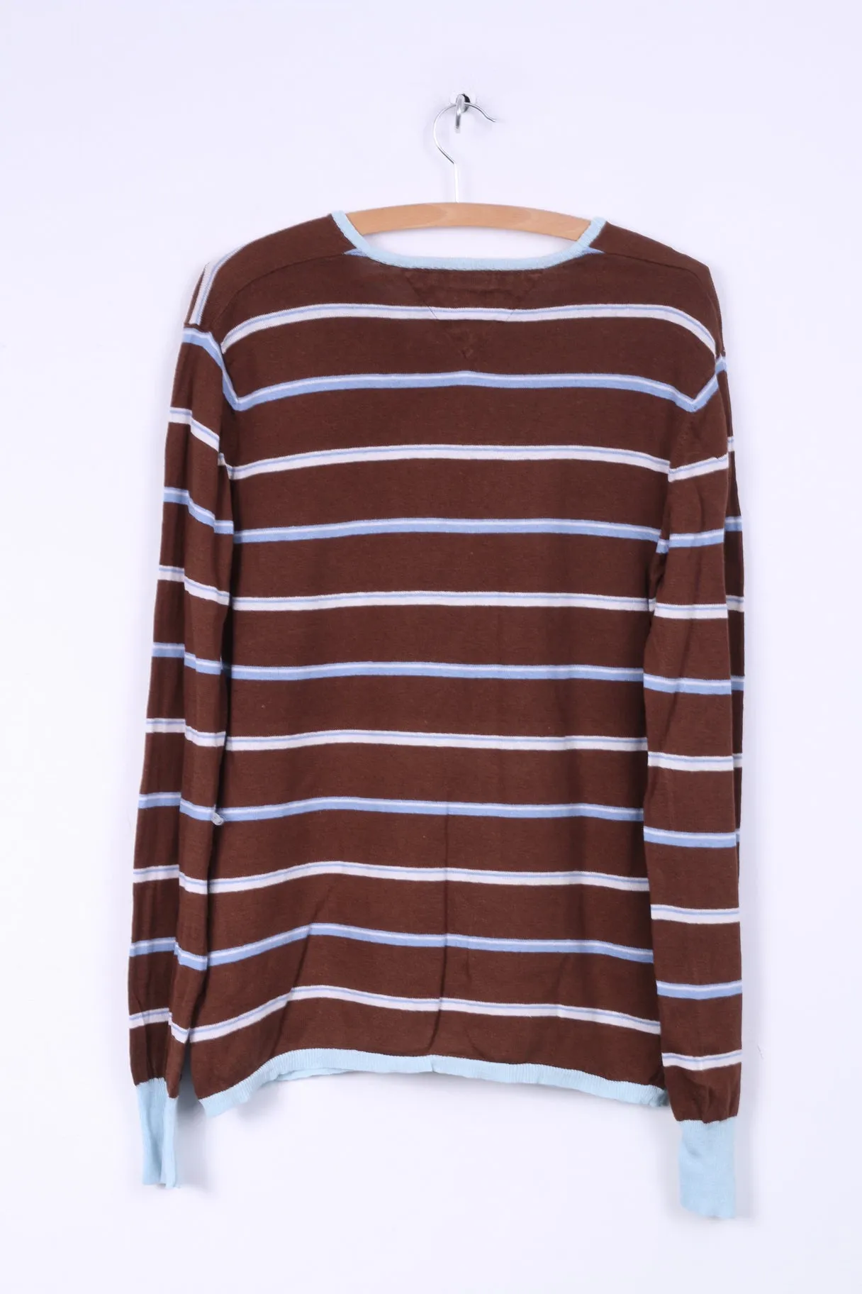 Hilfiger Denim Mens XL (L) Jumper Brown Striped V Neck Linen Cotton Blend Light Sweater