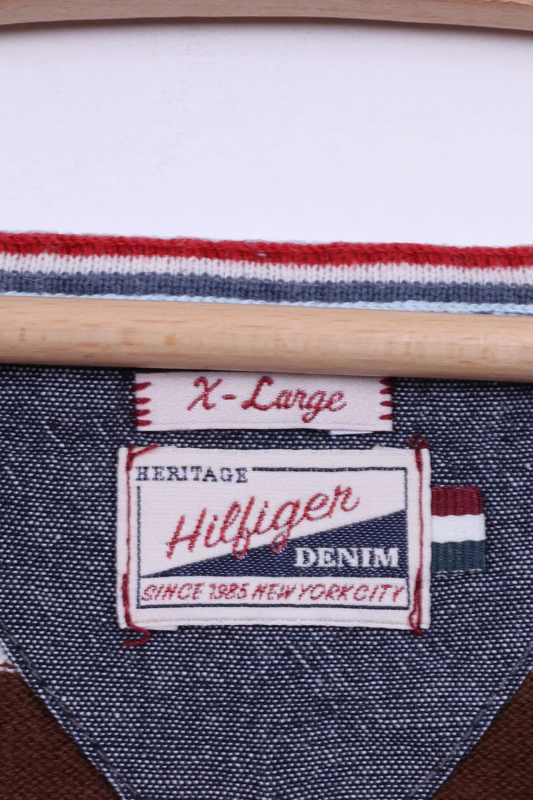 Hilfiger Denim Mens XL (L) Jumper Brown Striped V Neck Linen Cotton Blend Light Sweater