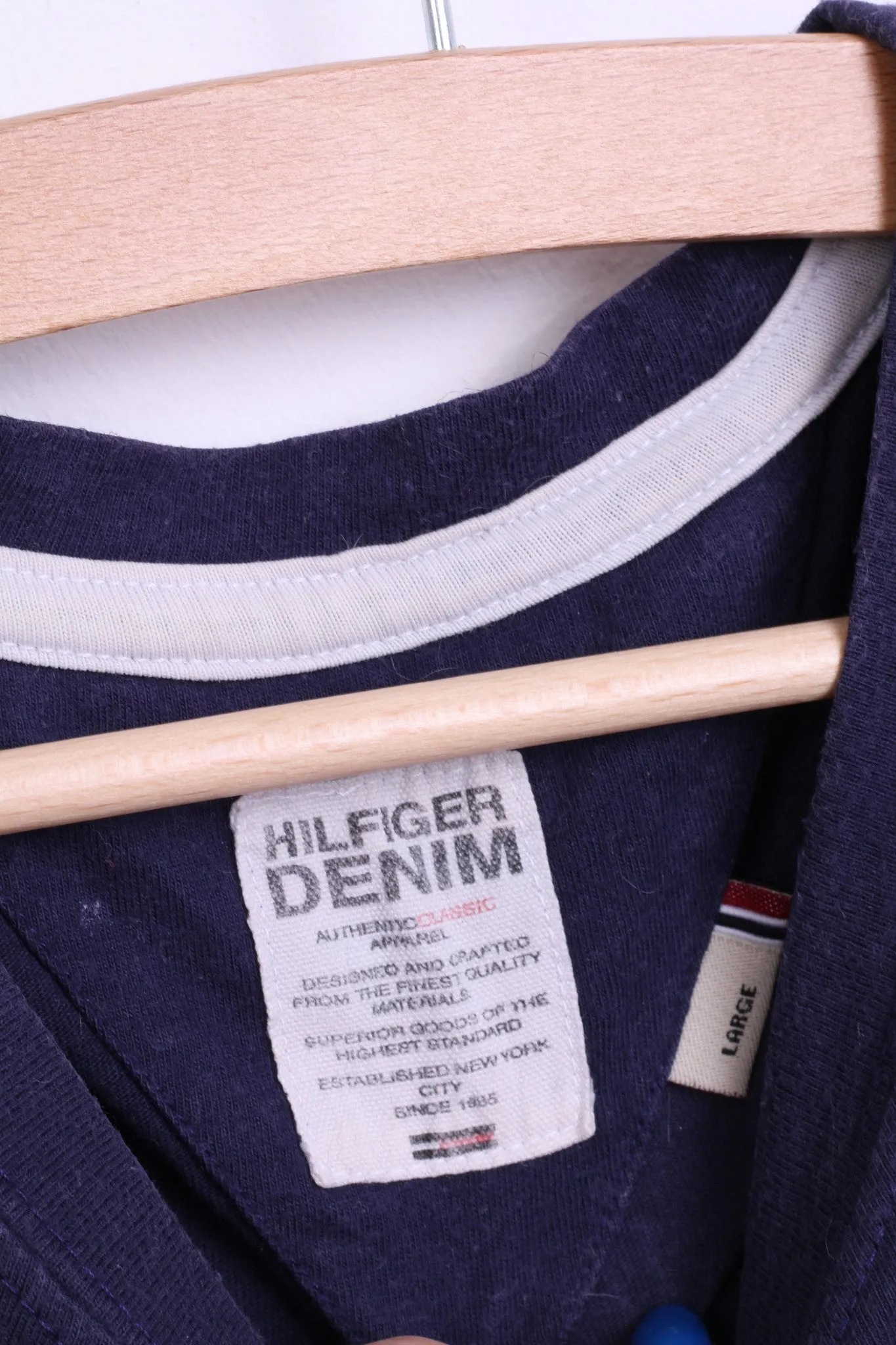 Hilfiger Denim Womens L Shirt Crew Neck Navy Cotton Raceways New York