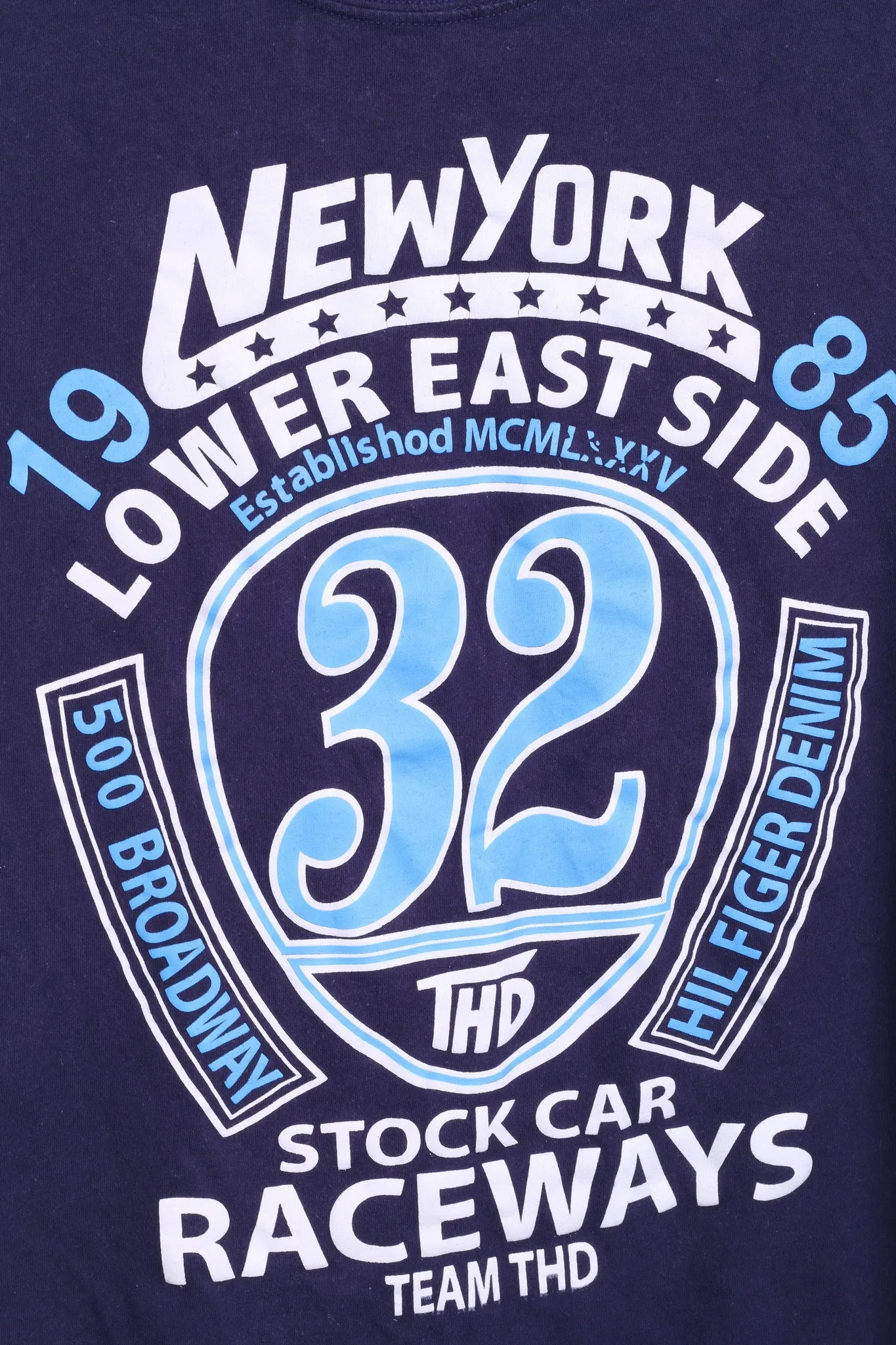 Hilfiger Denim Womens L Shirt Crew Neck Navy Cotton Raceways New York
