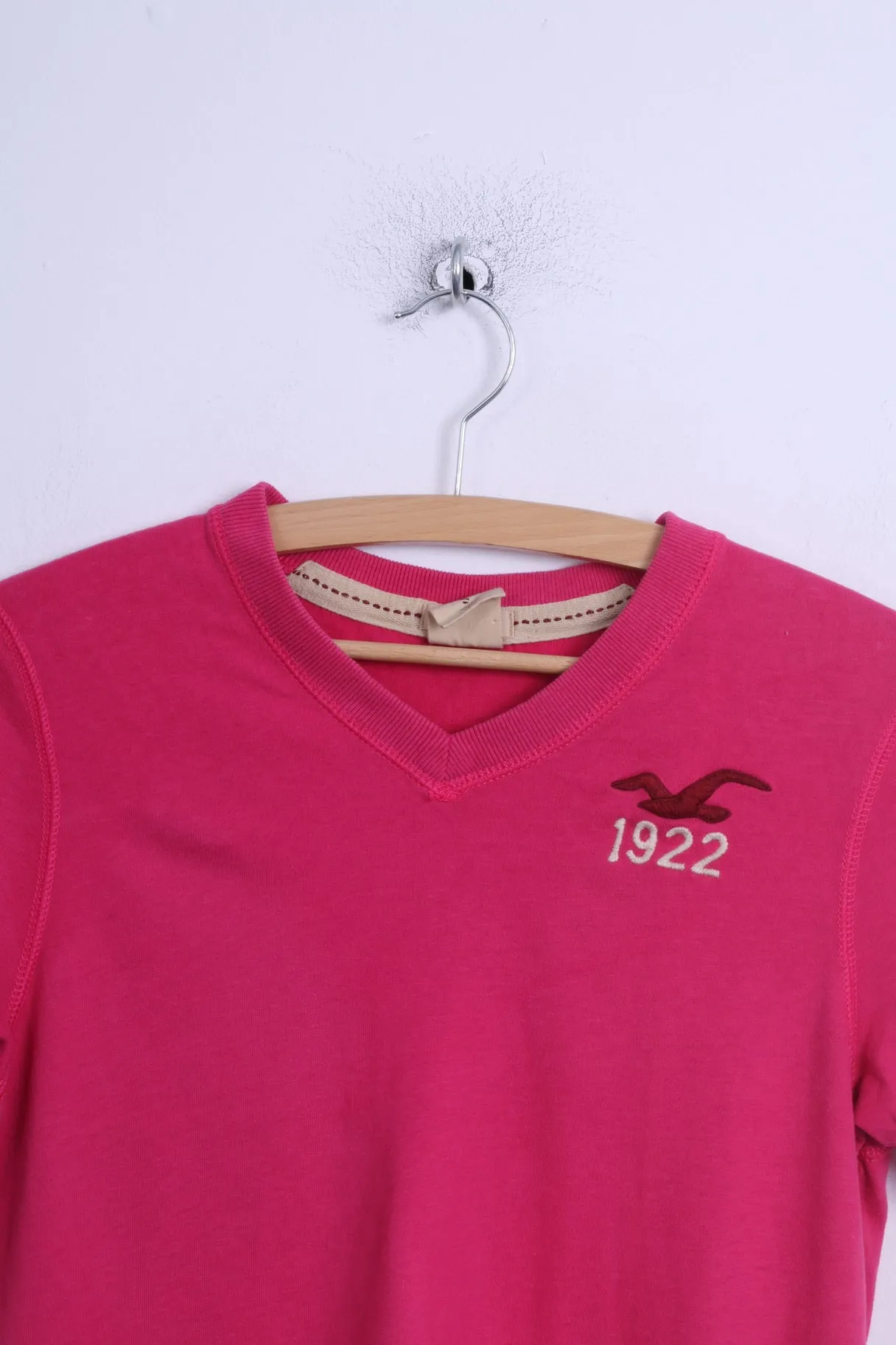 Hollister California Womens S Shirt Pink Cotton Stretch V Neck Long Fit Top