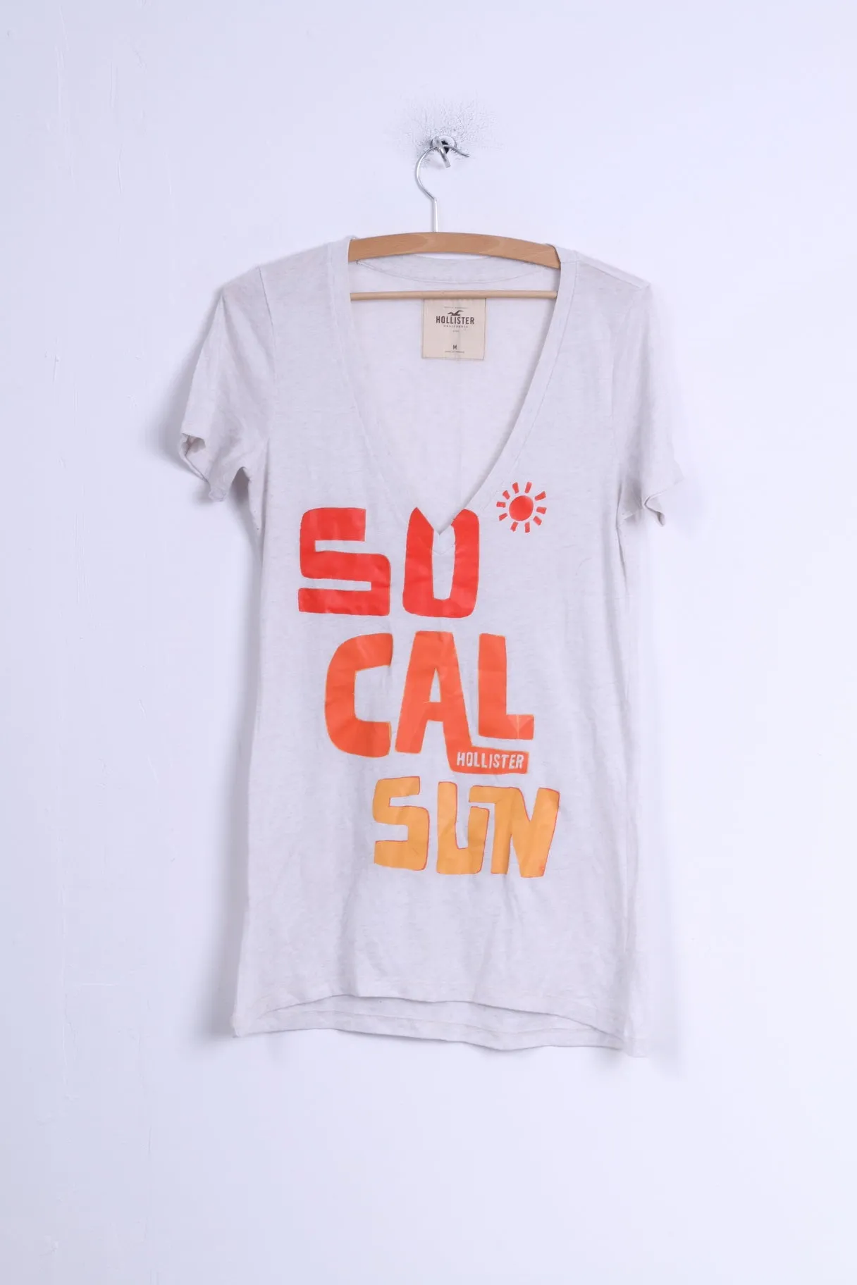 Hollister Womens M Shirt Beige Cotton V Neck Graphic Summer Sun Top