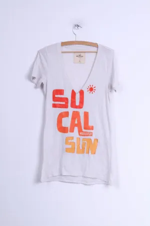 Hollister Womens M Shirt Beige Cotton V Neck Graphic Summer Sun Top