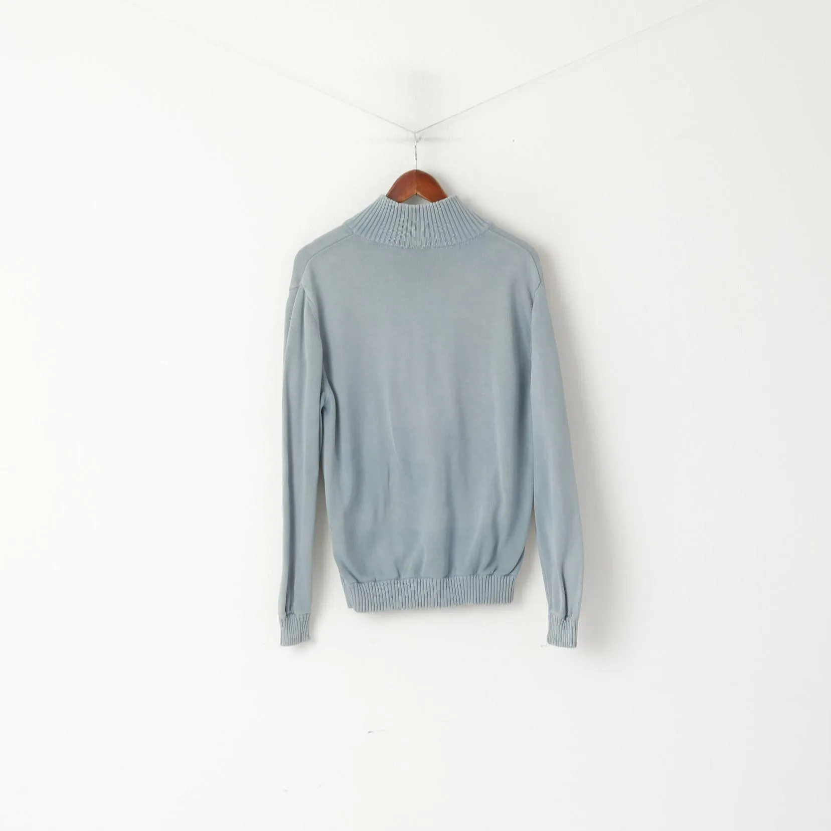 Hugo Boss Men L (S) Jumper Blue Cotton Faded Zip Neck Classic Plain Sweater