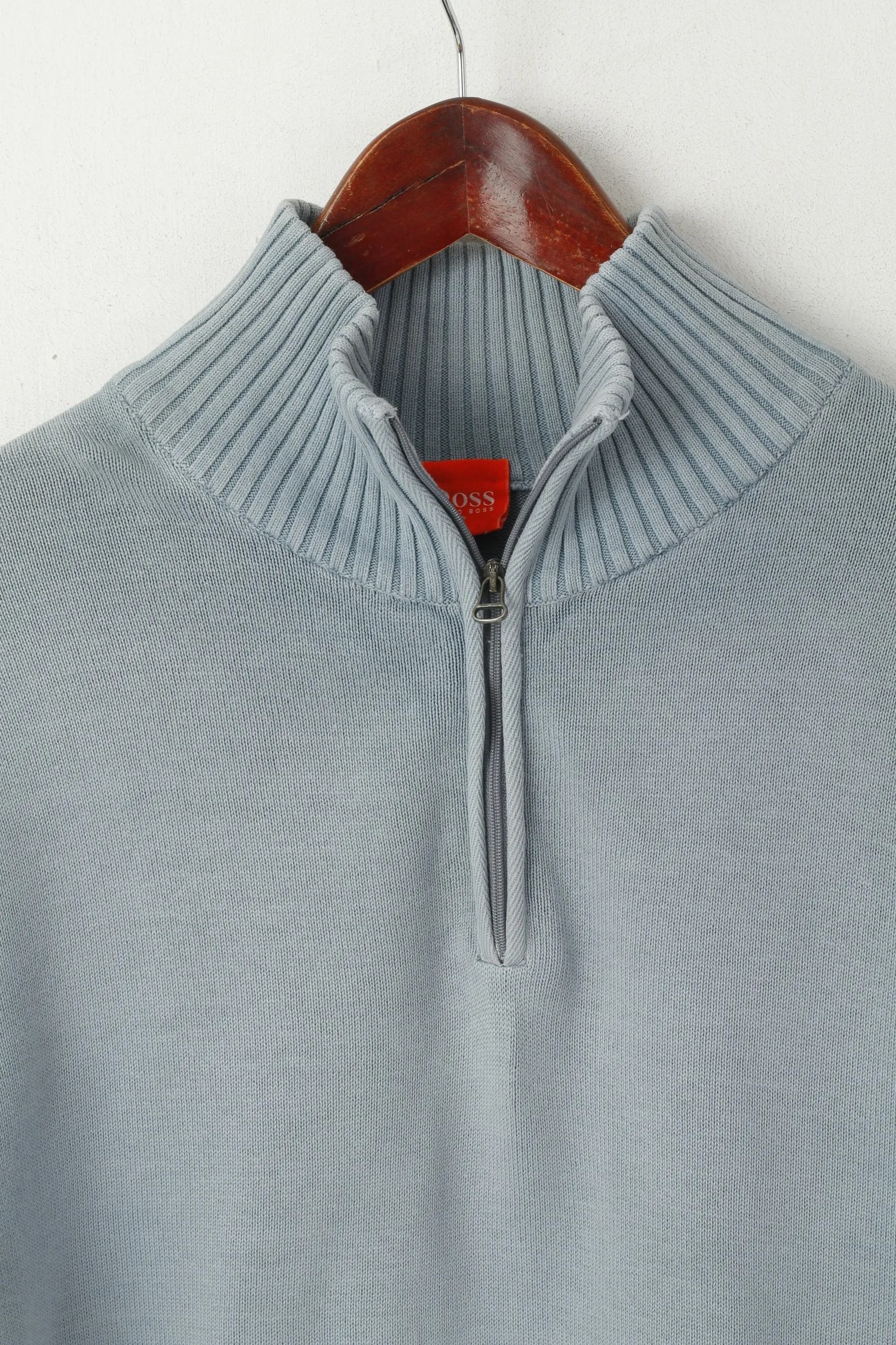 Hugo Boss Men L (S) Jumper Blue Cotton Faded Zip Neck Classic Plain Sweater