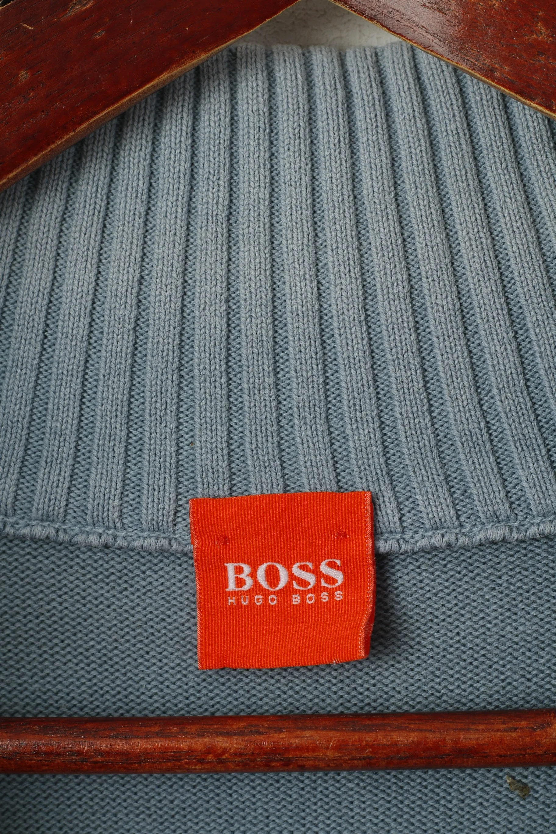 Hugo Boss Men L (S) Jumper Blue Cotton Faded Zip Neck Classic Plain Sweater