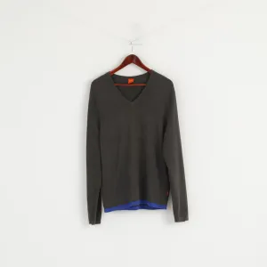 Hugo Boss Men M Jumper Green Cotton V Neck Classic Stretch Soft Sweater