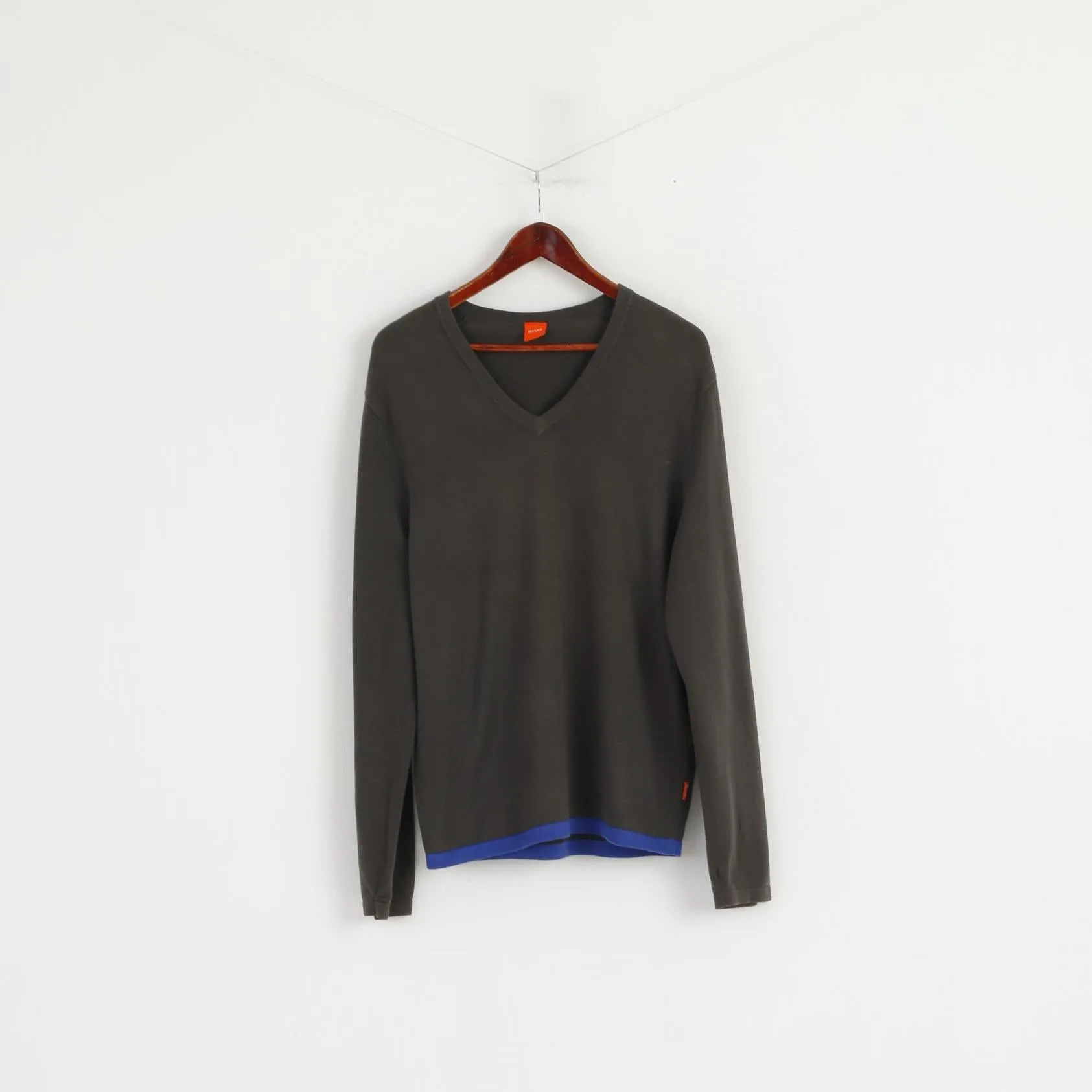 Hugo Boss Men M Jumper Green Cotton V Neck Classic Stretch Soft Sweater