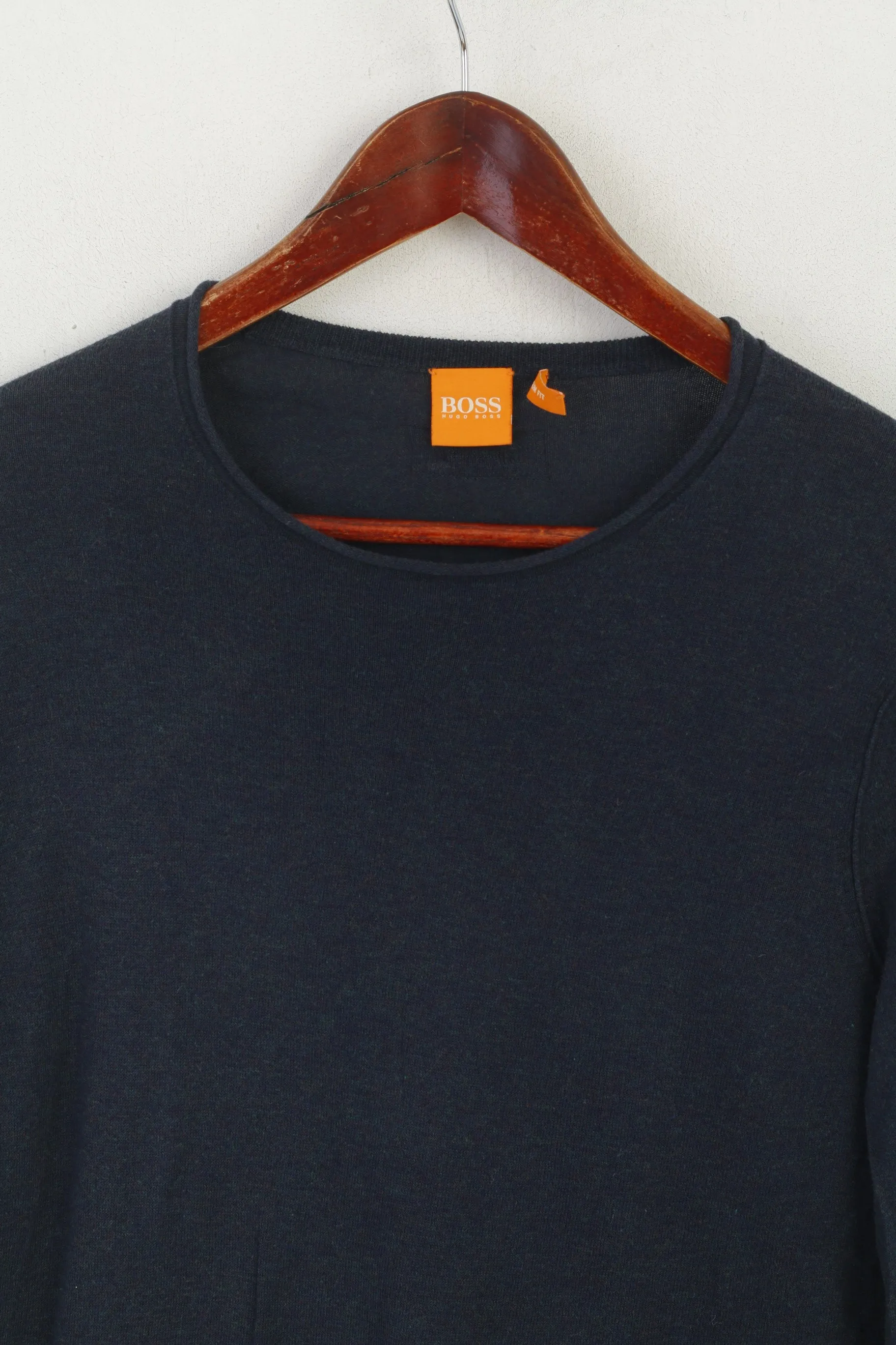 Hugo Boss Men M Jumper Navy Soft Thin Slim Fit Cotton Crew Neck Sweater