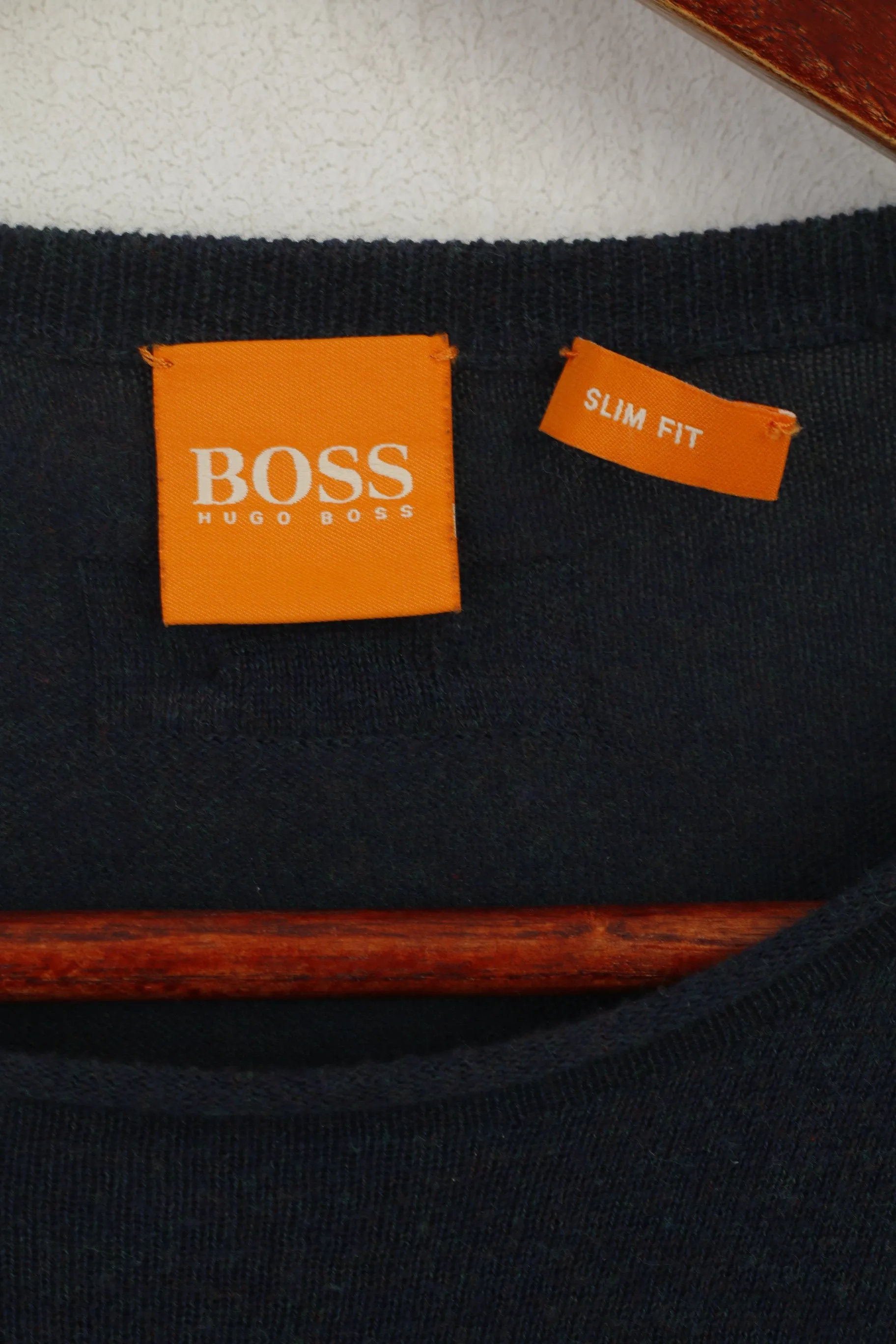 Hugo Boss Men M Jumper Navy Soft Thin Slim Fit Cotton Crew Neck Sweater