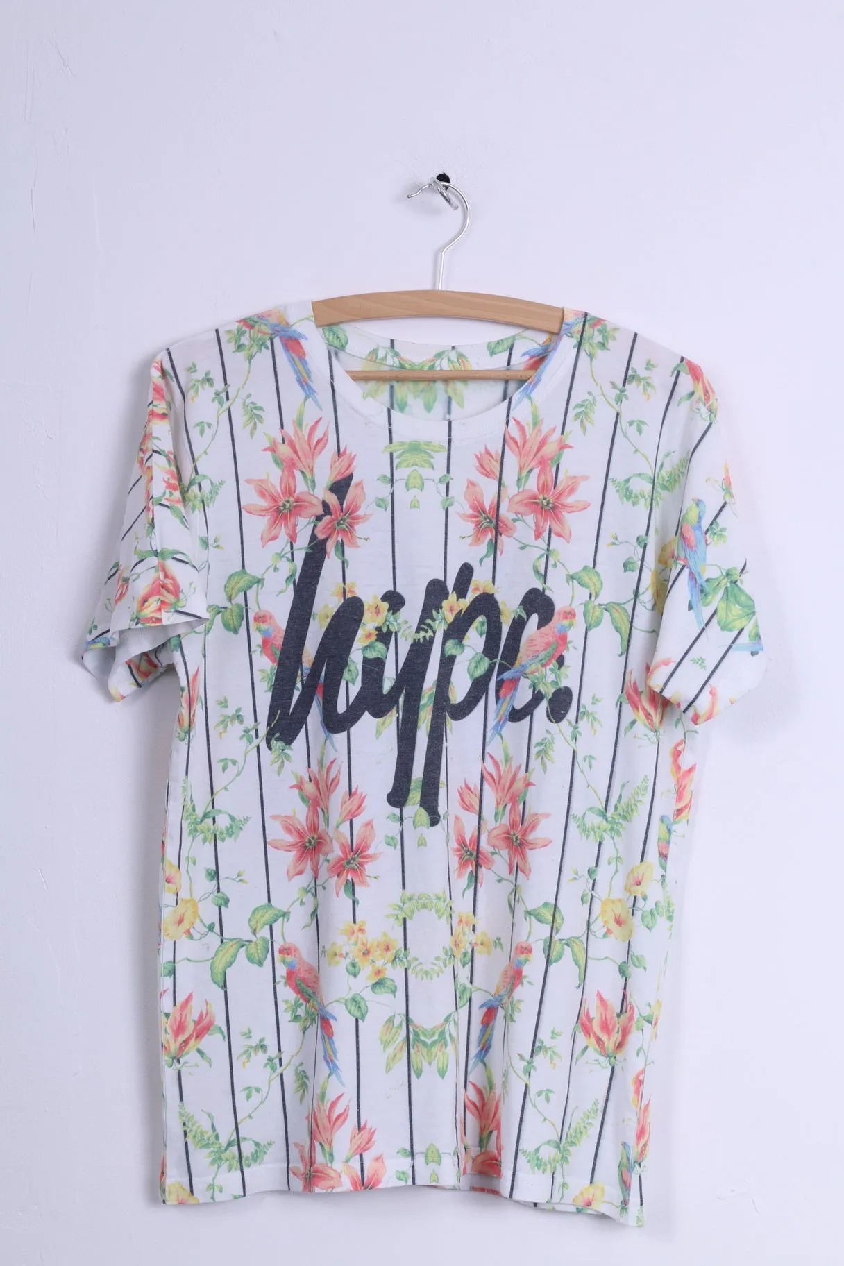 Hype Womens M Shirt White Striped Flowers 36