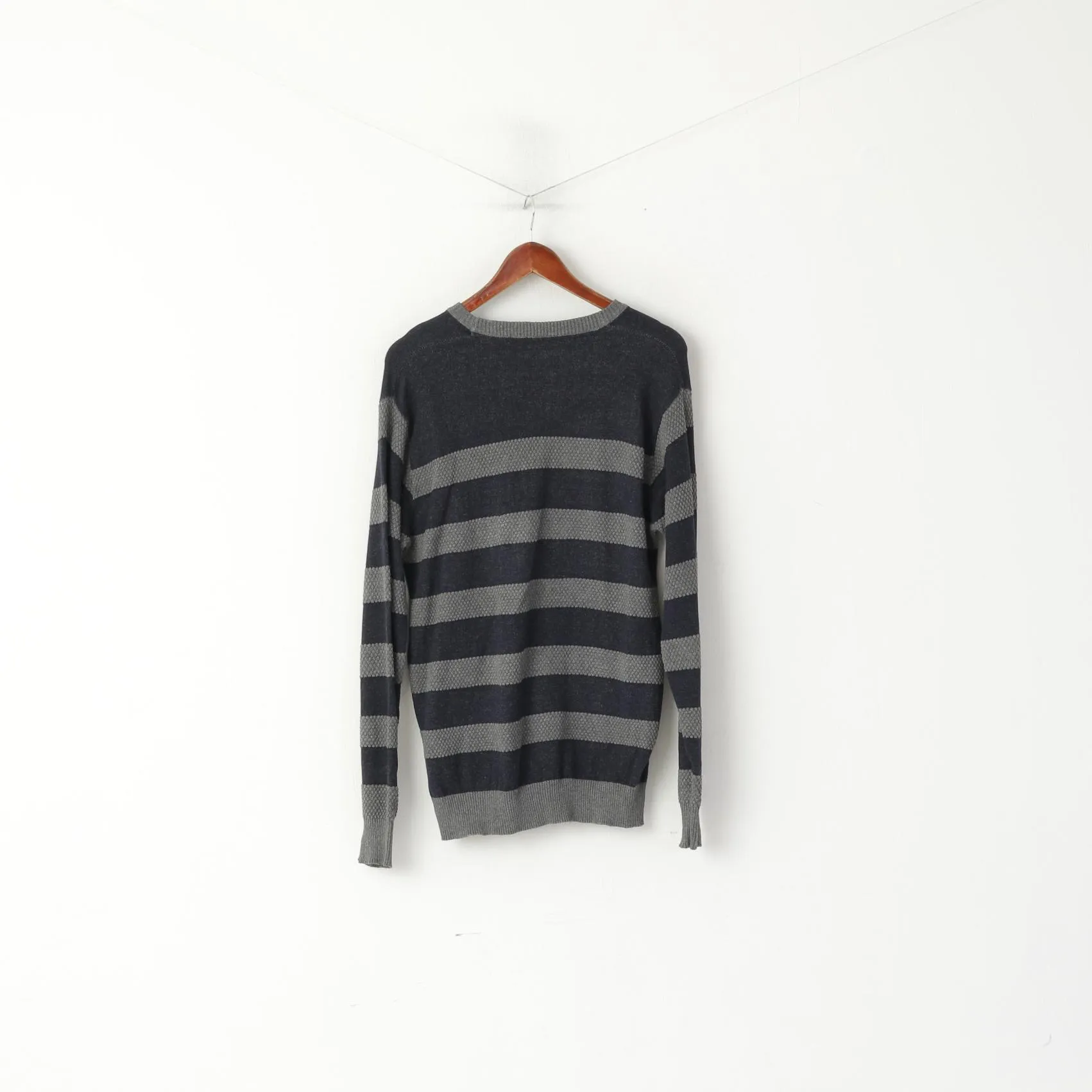 Jacks Selection Men L Jumper Navy Grey Striped Slim Fit Crew Neck Cotton Swetaer