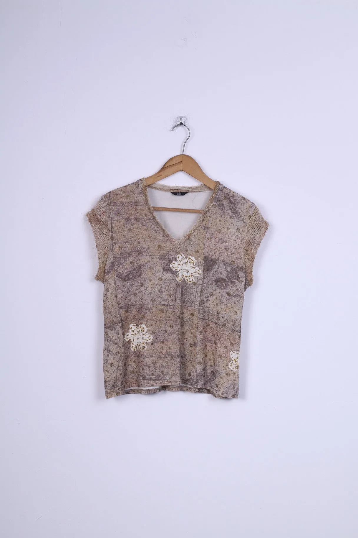 Kello Womens M Shirt V Neck Flowers Sleeveless Beige