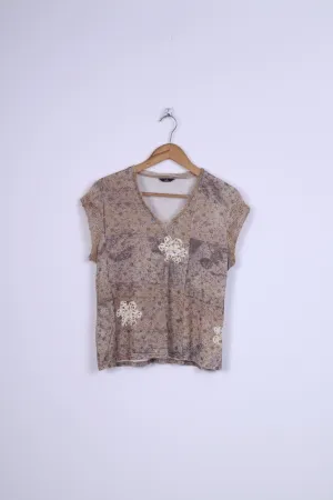 Kello Womens M Shirt V Neck Flowers Sleeveless Beige