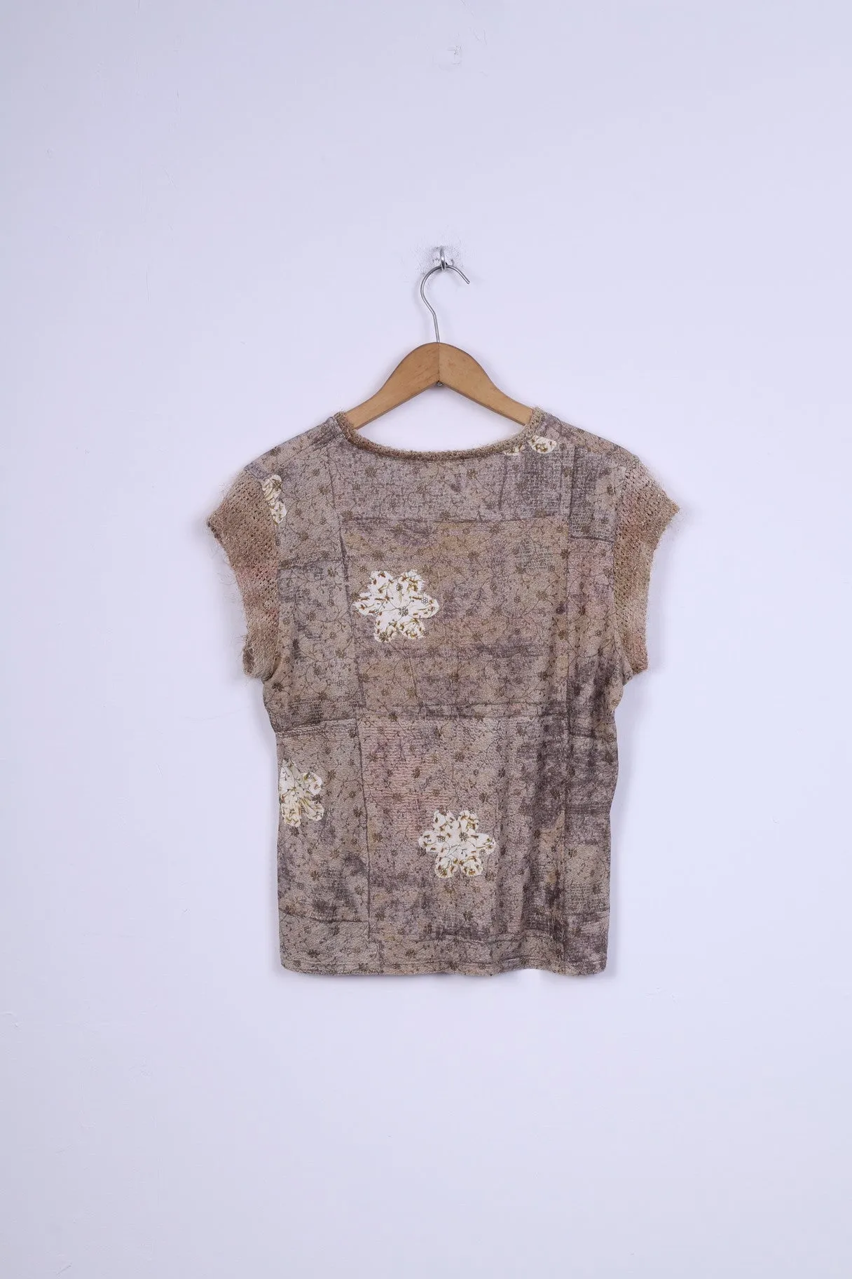 Kello Womens M Shirt V Neck Flowers Sleeveless Beige